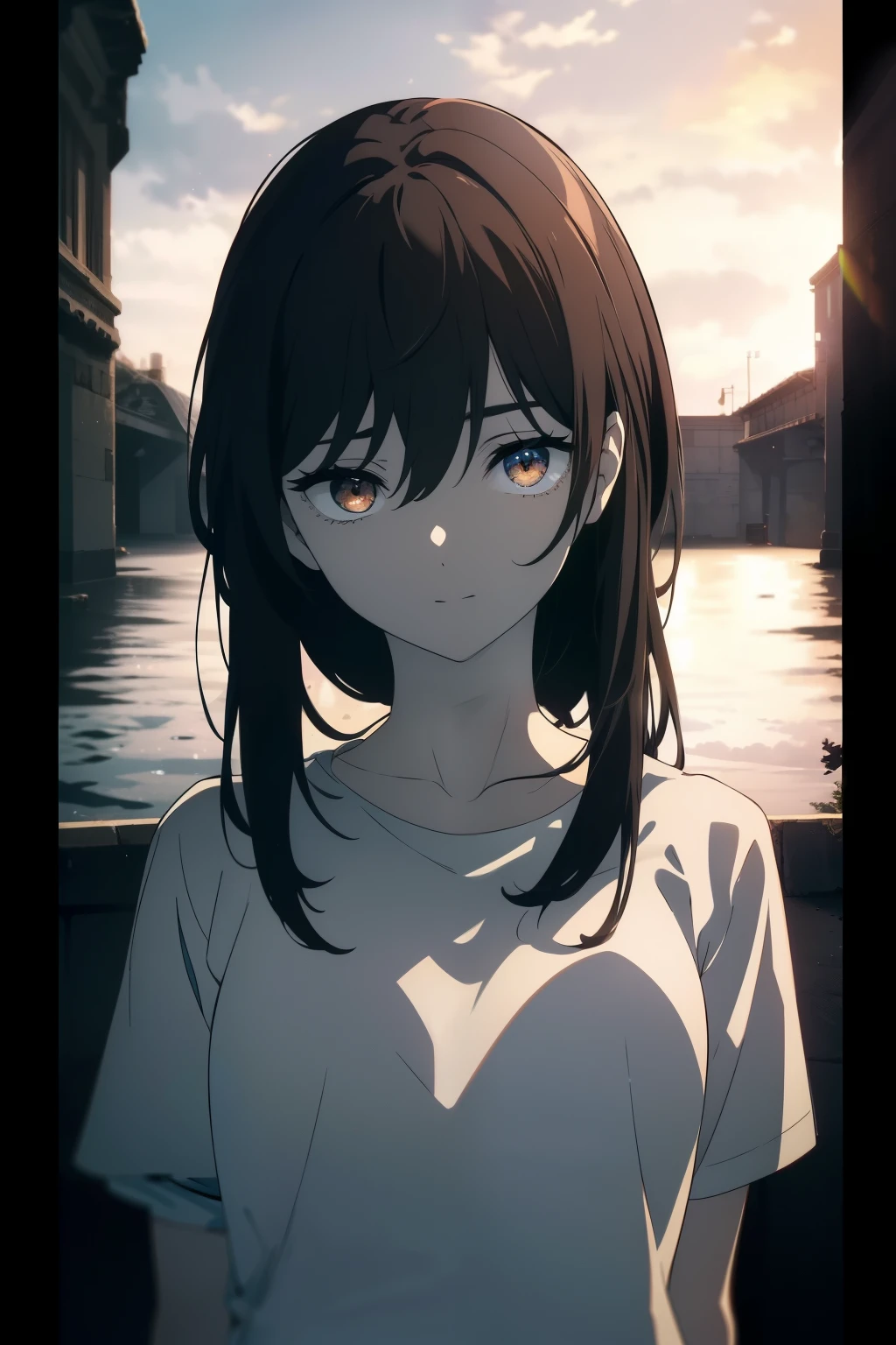 ((((Obra maestra, La mejor calidad, ultrahigh resolution)))), 1girl, standing, (baggy white t-shirt, loose fitting blue shorts), ((long black hair, black hair over eye)), long hair cut, pale skin, ((brown eyes)), glowing_eyes, neon eyes, (ultra detailed eyes:0.7, beautiful and detailed face, detailed eyes:0.9), ((centered)), smile, ((wide shot)), facing viewer, ((vibrant background, bright lighting, summer, sunlight)), flat chested, looking at viewer, ((half closed eyes)), ((perfect hands)), (((head:1, arms, hips in view, elbows, arms, in view))), ((hands behind back)), empty eyes, beautiful lighting, ((outside, outdoors)), defined subject, head tilt, (((gritty)), ((creepy)), ((cool)), ((beautiful))