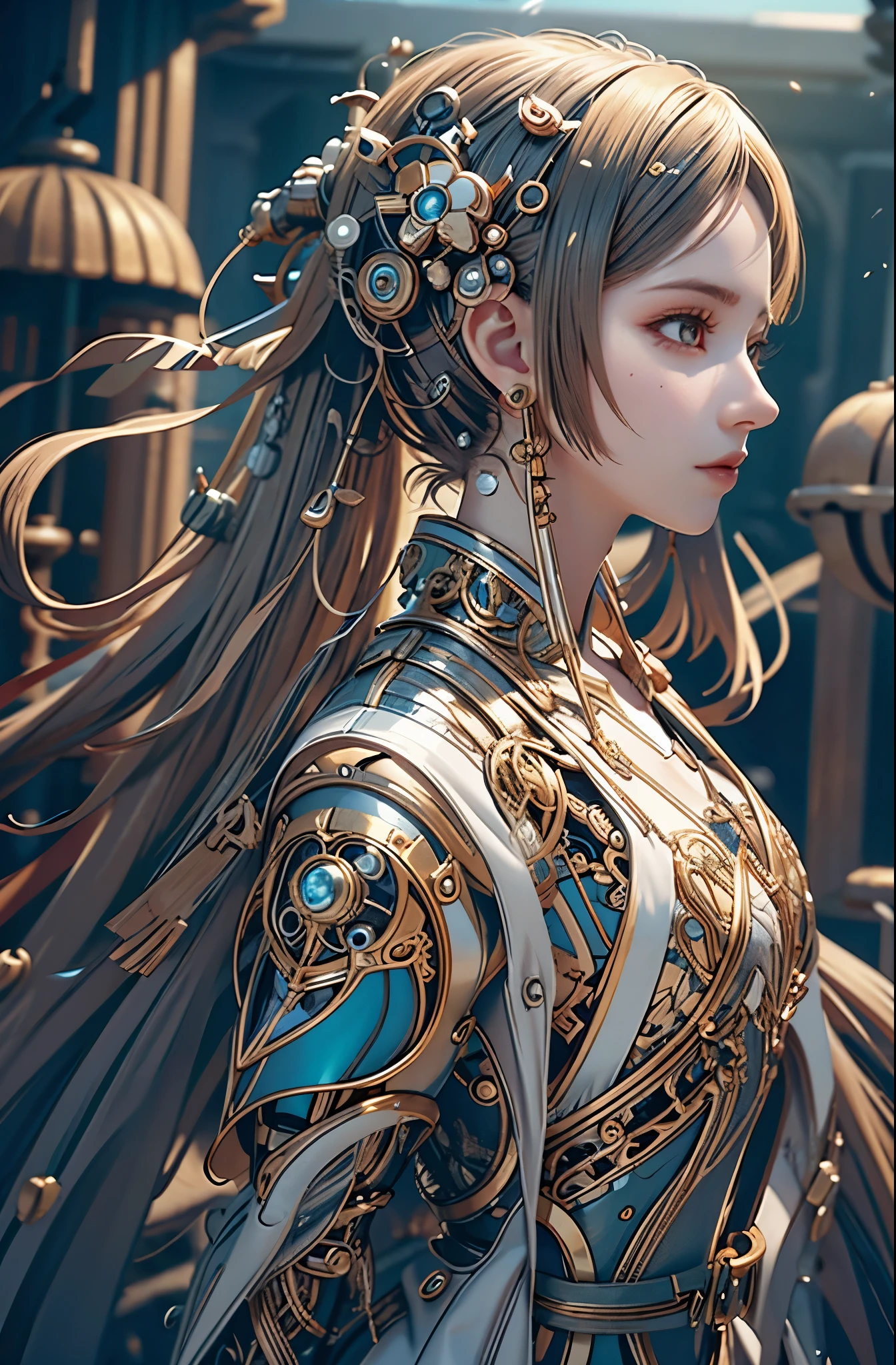 Translucent ethereal mechanical girl, Futuristic girl, Mechanical joint, Futuristic sci-fi background, model shoot style, Super detailed CG unified 8k wallpaper, The beauty of abstract style, Surreal, 8K, ultra - detailed, Best quality at best, Award-winning, Anatomically correct, 16k, ultra - detailed, sporty attire, The landscape, HighDynamicRange, Studio lighting, Vibrant colors, bokeh