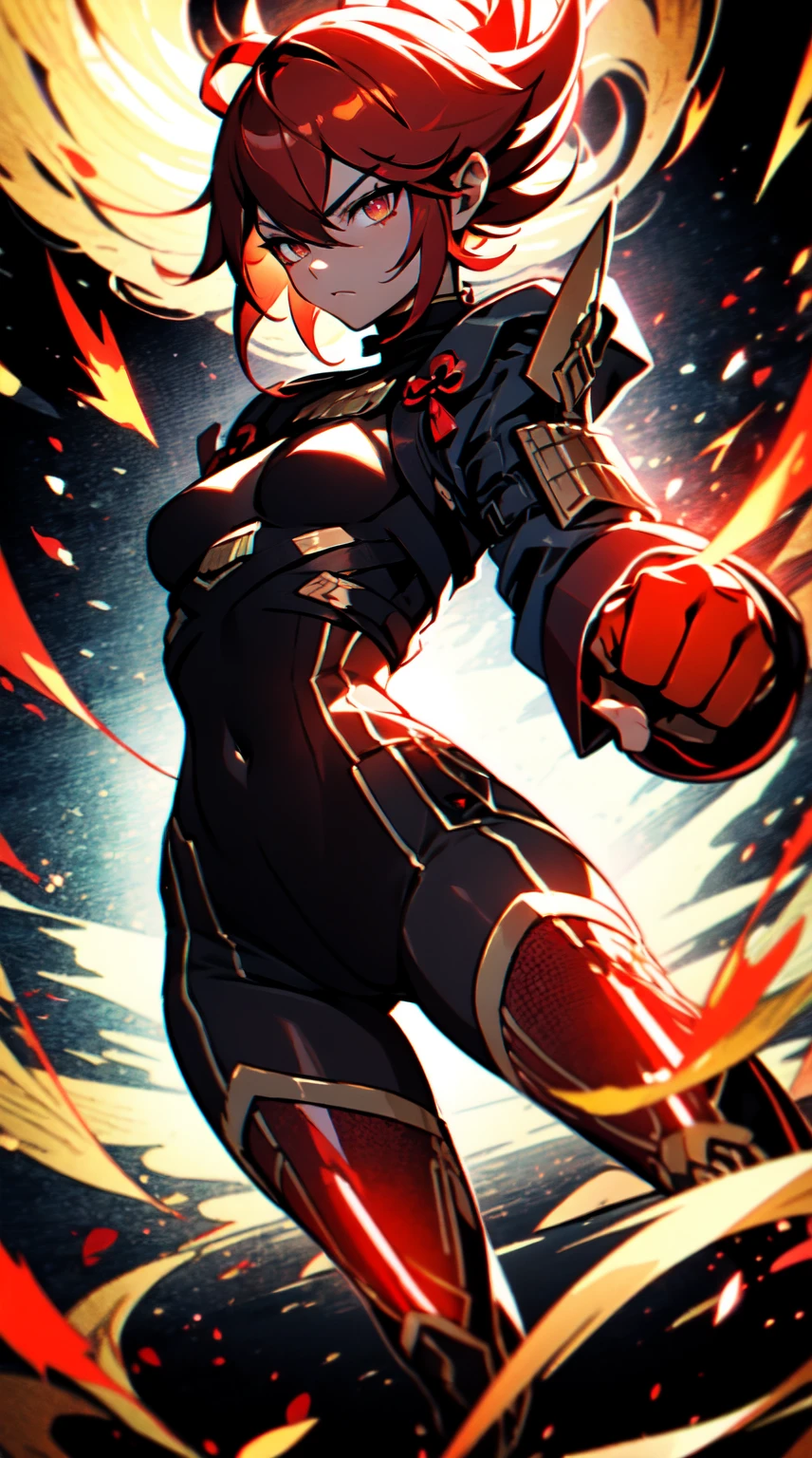 Ultra definition, masterpiece, best quality, 1Girl, Experienced fighter, crimson red short hair, yellow eyes, light brown skin, wearing jacket and light armor red and black metallic Like kuki shinobu outfit, combat stance, Black/red energy emanating from the fists , sharp ocular posture, waist line. The hair had to be crimson red.