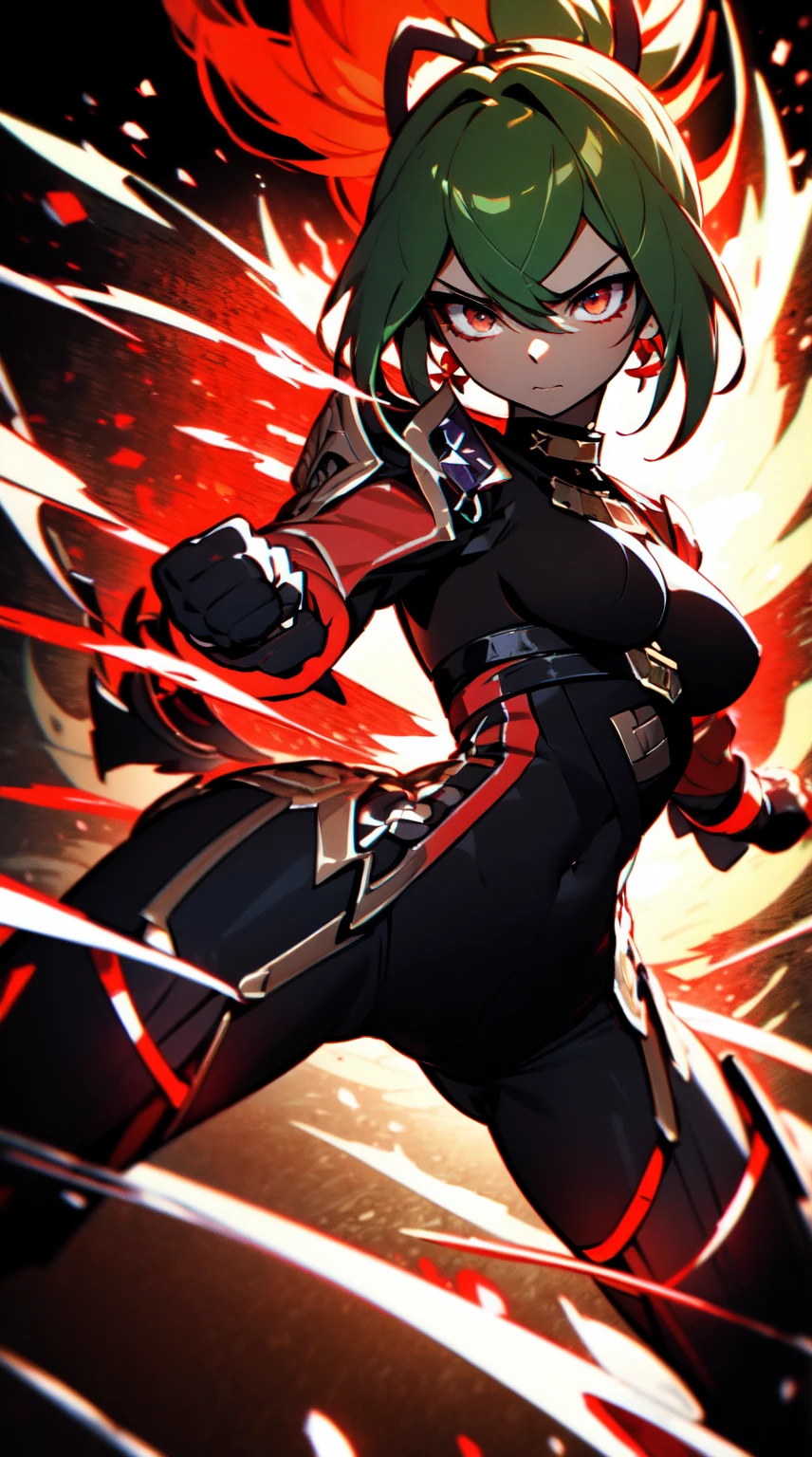 Ultra definition, masterpiece, best quality, 1Girl, Experienced fighter, crimson red short hair, yellow eyes, light brown skin, wearing jacket and light armor red and black metallic Like kuki shinobu outfit, combat stance, Black/red energy emanating from the fists , sharp ocular posture, waist line. The hair had to be crimson red.