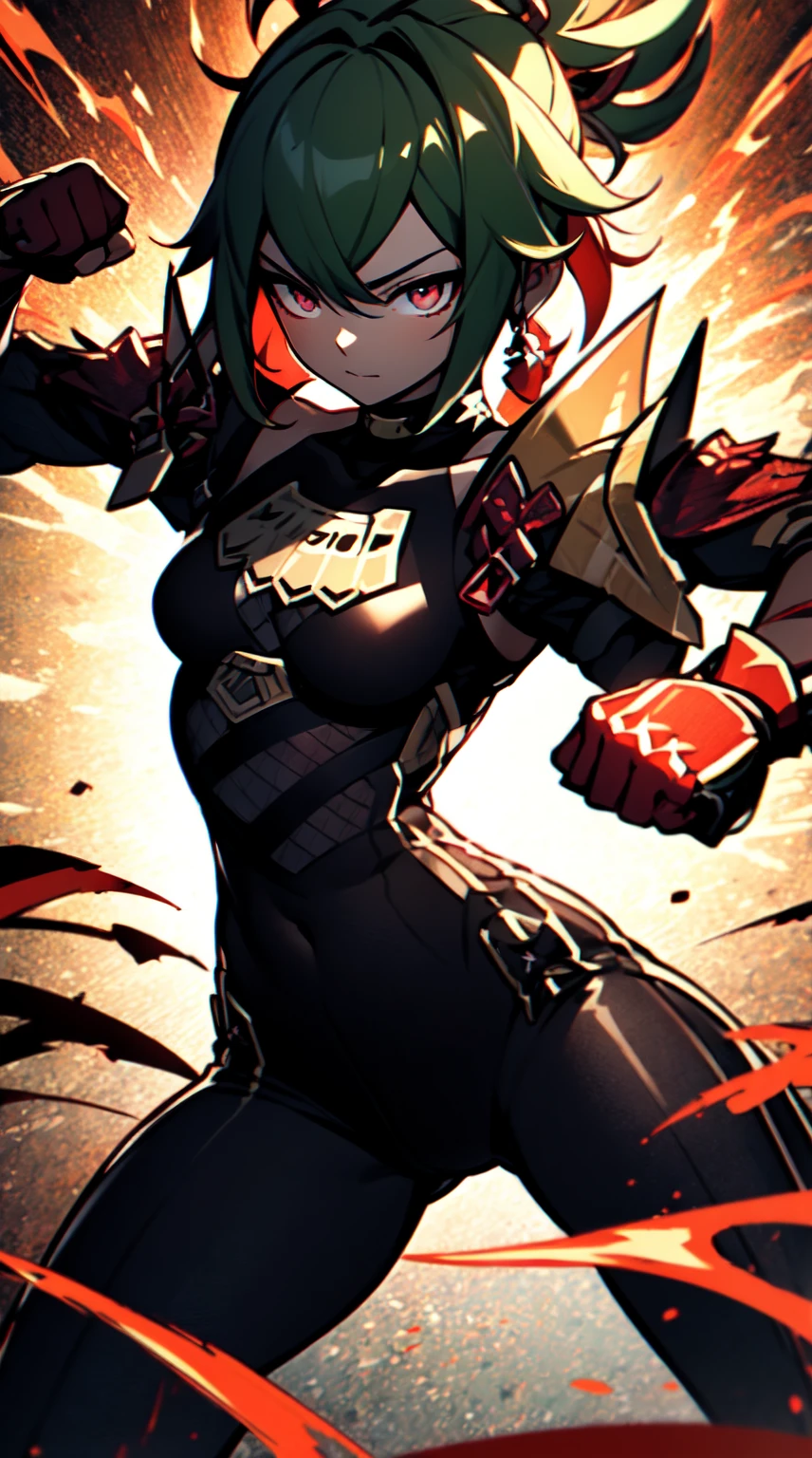 Ultra definition, masterpiece, best quality, 1Girl, Experienced fighter, crimson red short hair, yellow eyes, light brown skin, wearing jacket and light armor red and black metallic Like kuki shinobu outfit, combat stance, Black/red energy emanating from the fists , sharp ocular posture, waist line. The hair had to be crimson red.