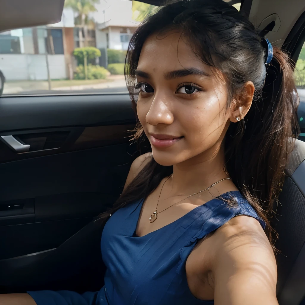 ((self-taken photo)), natural colors, ((selfie photo)), of a 22-year-old Sri Lankan woman named Kasuni, (dark long ponytail hair), dark fair skin, black eyes, feminine features, iPhone, mobile quality, mobile focus, tack smooth, Instagram filter, TikTok filter, detailed face, detailed eyes, oiled skin, profile picture, smiling, ((sitting inside a car)), ((blue dress, ladies jewelry)), natural lighting.