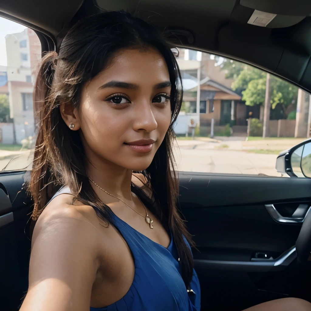 ((self-taken photo)), natural colors, ((selfie photo)), of a 22-year-old Sri Lankan woman named Kasuni, (dark long ponytail hair), dark fair skin, black eyes, feminine features, iPhone, mobile quality, mobile focus, tack smooth, Instagram filter, TikTok filter, detailed face, detailed eyes, oiled skin, profile picture, smiling, ((sitting inside a car)), ((blue dress, ladies jewelry)), natural lighting.