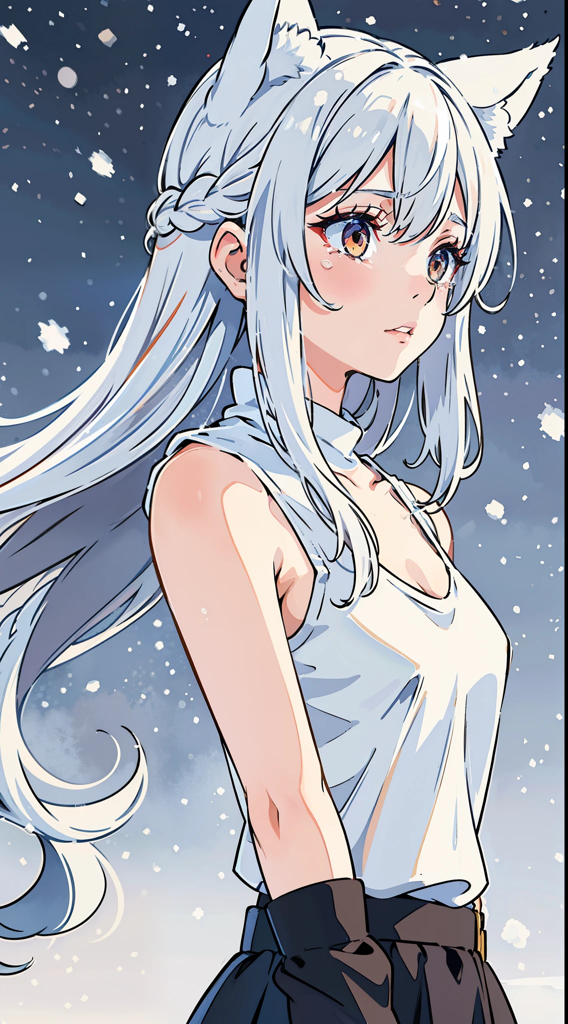 1girl,solo,medium breasts,(white sleeveless t-shirt,clevage),silver hair,long hair,white eyes,fox ears,((in snow,snowing)),from side,crying,upper body close-up