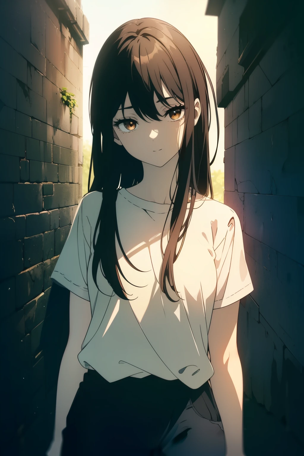 ((((Obra maestra, La mejor calidad, ultrahigh resolution)))), 1girl, standing, (baggy white t-shirt, loose fitting blue shorts), ((long black hair, black hair over eye)), long hair cut, pale skin, ((brown eyes)), glowing_eyes, neon eyes, (ultra detailed eyes:0.7, beautiful and detailed face, detailed eyes:0.9), ((centered)), smile, ((wide shot)), facing viewer, ((vibrant background, bright lighting, summer, sunlight)), flat chested, looking at viewer, ((half closed eyes)), ((perfect hands)), (((head:1, arms, hips in view, elbows, arms, in view))), ((hands behind back)), empty eyes, beautiful lighting, ((outside, outdoors)), defined subject, head tilt, ((cool)), ((beautiful))