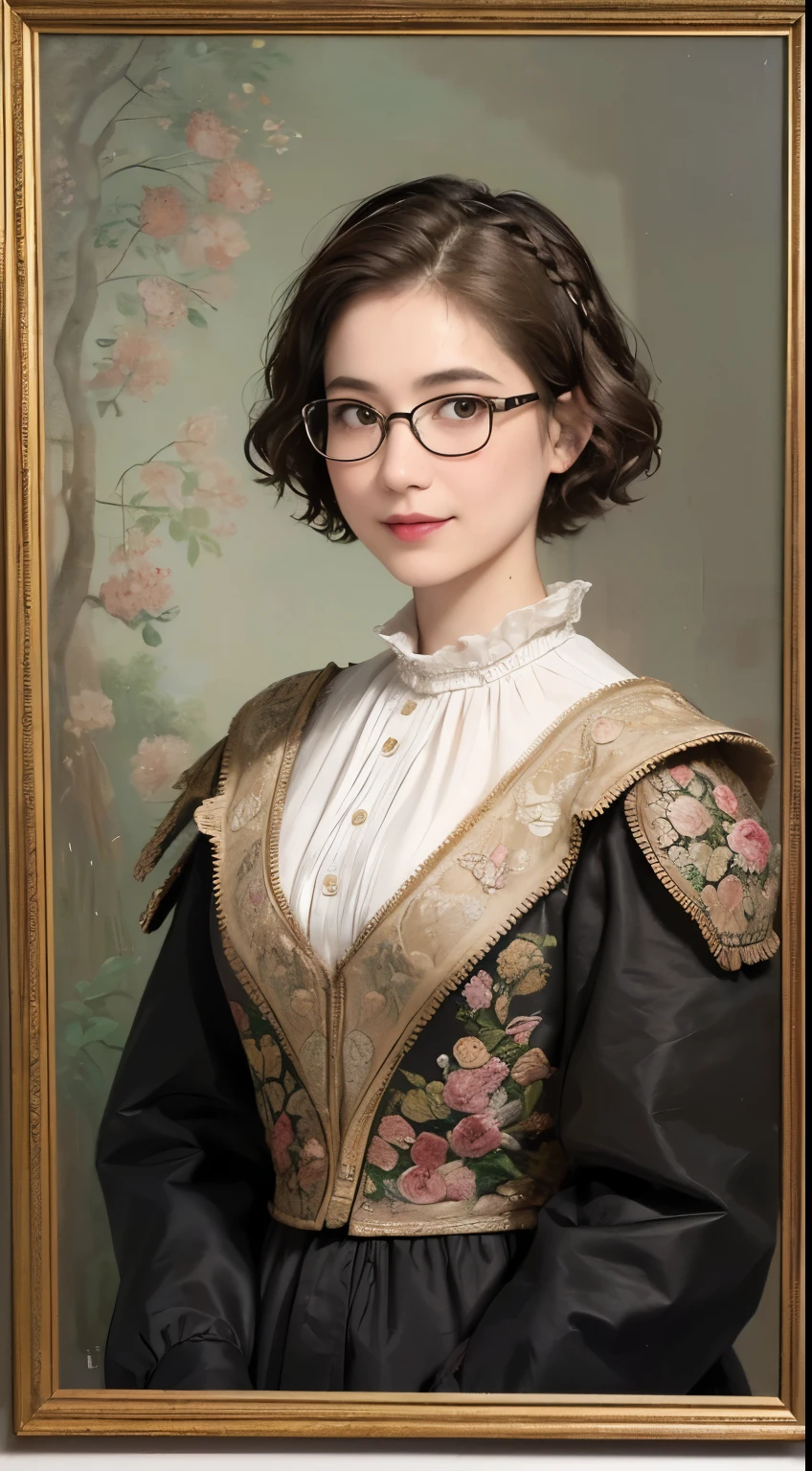 138
(a 20 yo woman,drawing a self-portrait), (A hyper-realistic), (high-level image quality), ((beautiful hairstyle 46)), ((short-hair:1.46)), (Gentle smile), (brest:1.46), (lipsticks), (Wearing glasses), (murky,wide,a room), (florals), (an oil painting、Rembrandt)