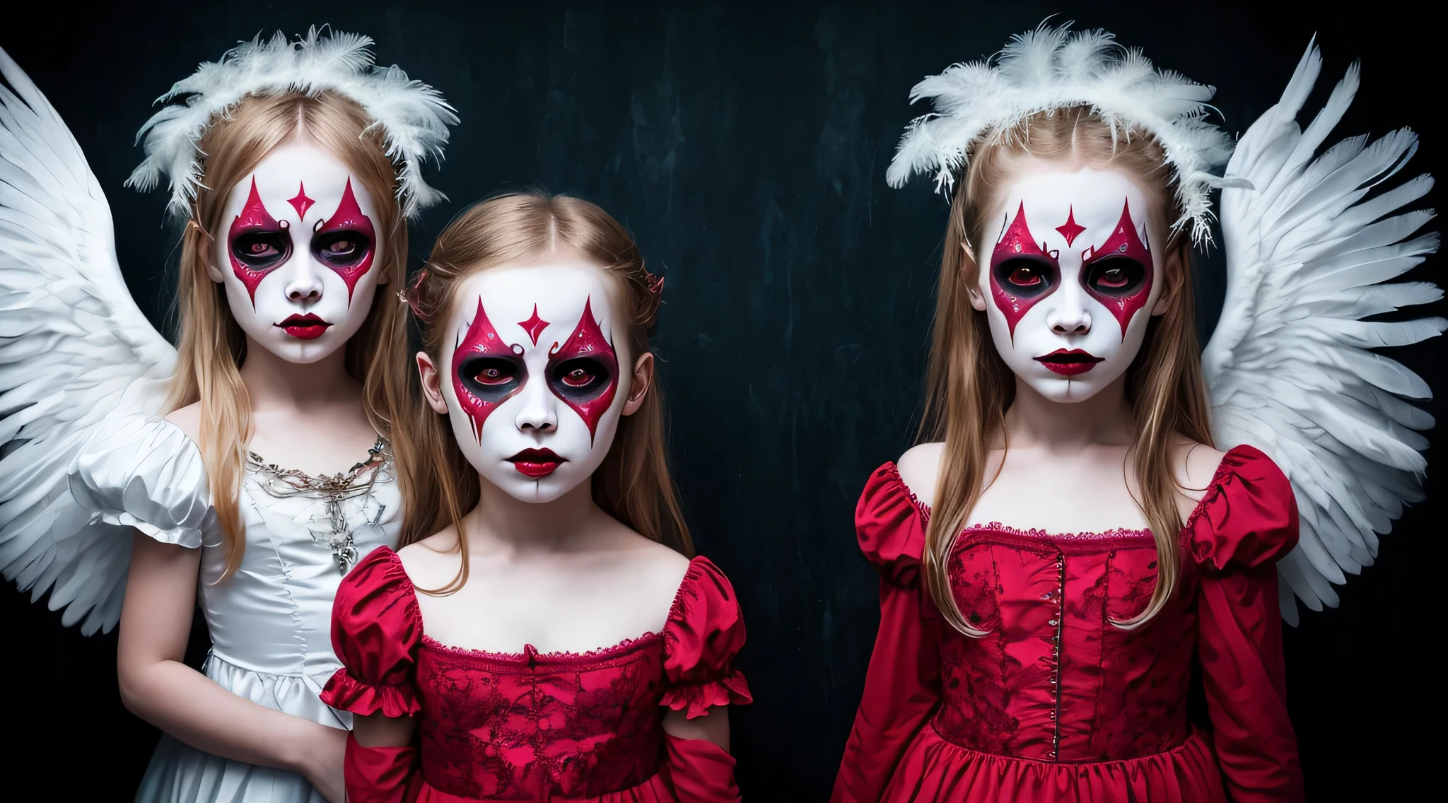 two children girls dressed in costumes with masks and feathers, award winning fotografia de terror, fotografia de terror, angelic and unsettling, arte de terror surreal, 2 anjos, imagem assustadora espiritual, fotografia assustadora, , surrealismo assustador
