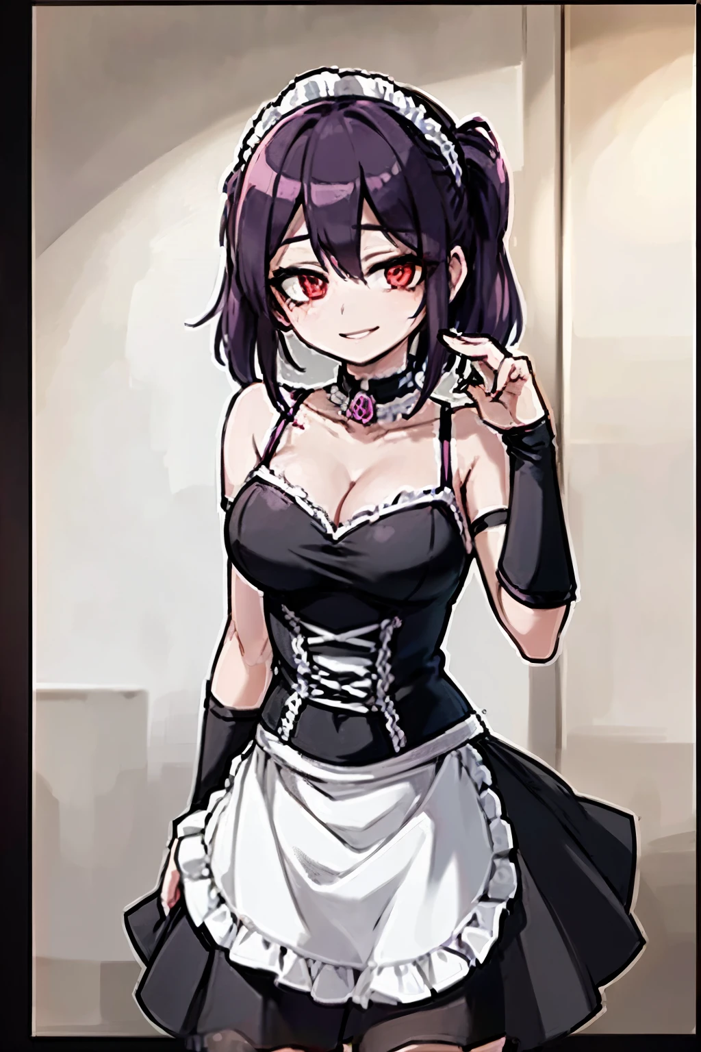 young woman, purple hair, medium hair cut, wearing black maid uniforn, red eyes, smiling, in a mansion, white wall behind, best quality, anime, 4k, masterpiece,