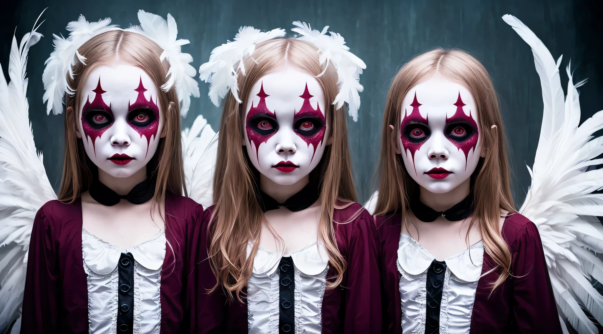 two blonde dressed in costumes with masks and feathers, award winning fotografia de terror, fotografia de terror, angelic and unsettling, arte de terror surreal, 2 anjos, imagem assustadora espiritual, fotografia assustadora, , surrealismo assustador