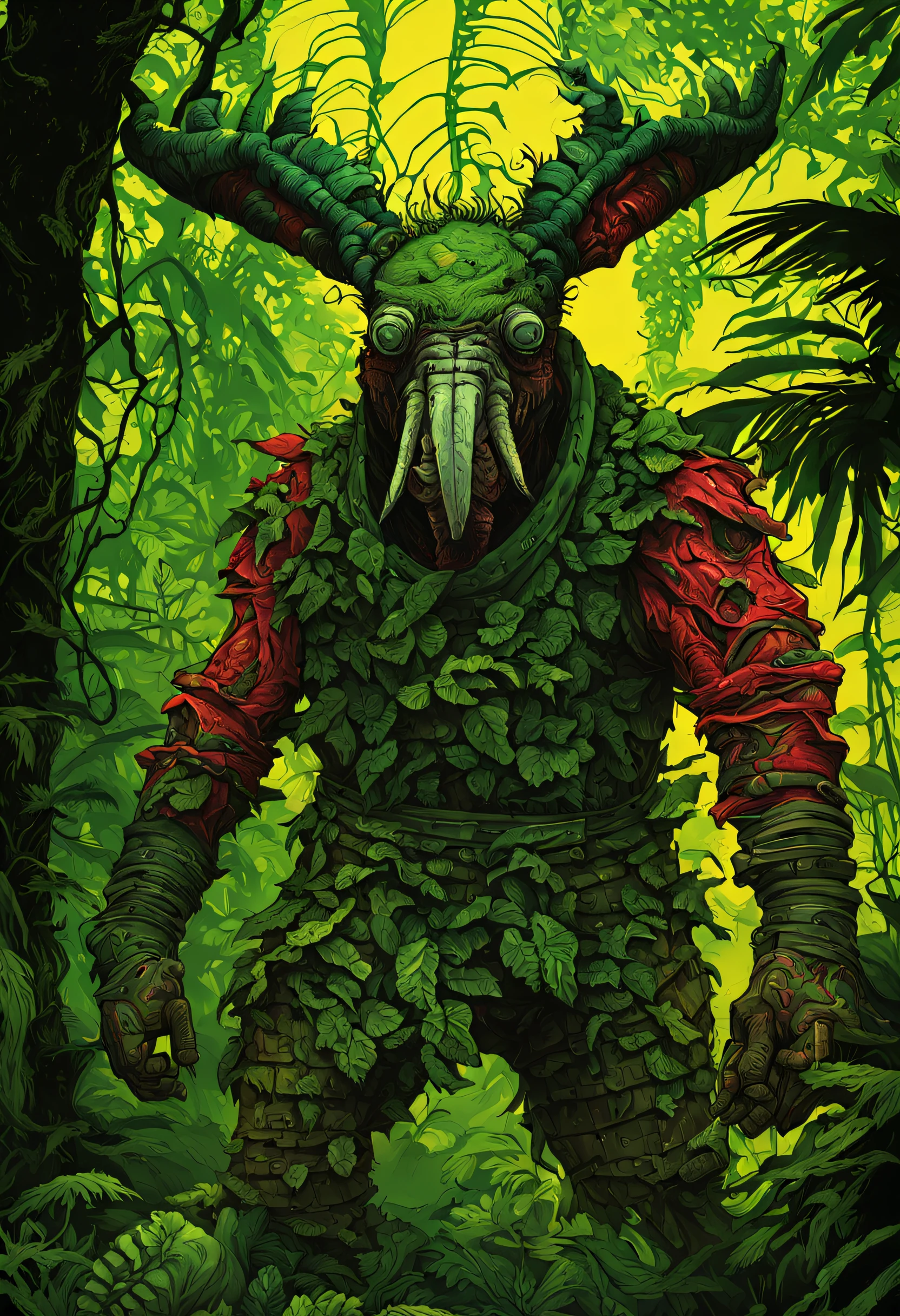 guerreiro , tupi ,amazon wild animals , arvores da amazonia , Animals of the Amazon , Legends of the Amazon,Natureza, meteorologia, fiction, carton style , estio retrowave , Estilo , Definindo rostos ,Sthythwave, ,Amazon Rainforest, Curupira , Headless mule, ,Fantastic Beings, chefe , , anime anos 90, Dorohedoro, cartoon manga,personagem de jogo de rpg, Cartoon, Cuberpunk, RPG , Full HD , High definition, por erva-do-inferno