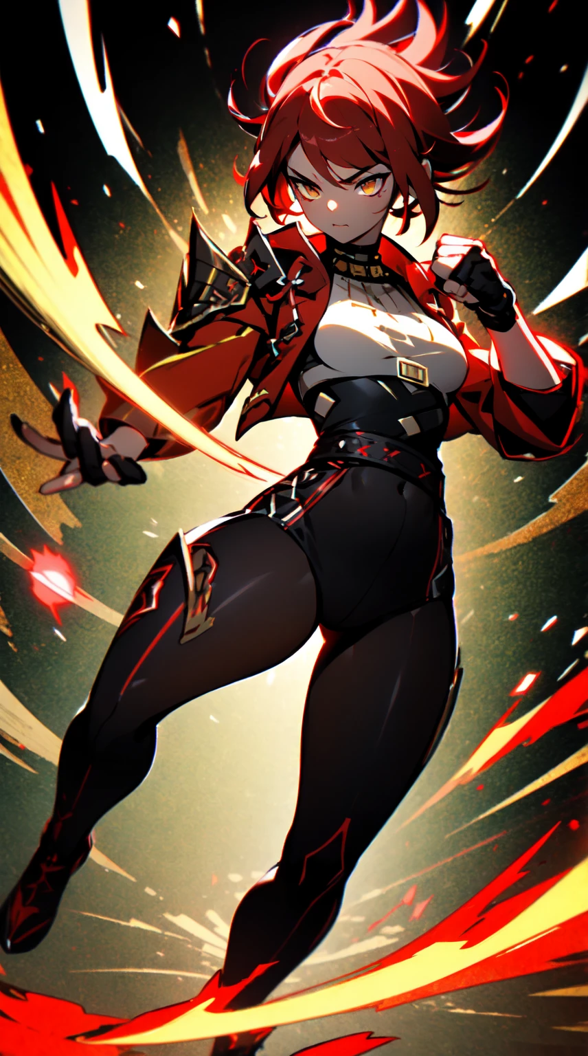 Ultra definition, masterpiece, best quality, 1Girl, Experienced fighter, crimson red short hair, yellow eyes, light brown skin, wearing jacket and light armor red and black metallic Like kuki shinobu outfit, combat stance, Black/red energy emanating from the fists , sharp ocular posture, waist line. The hair nees to be red!