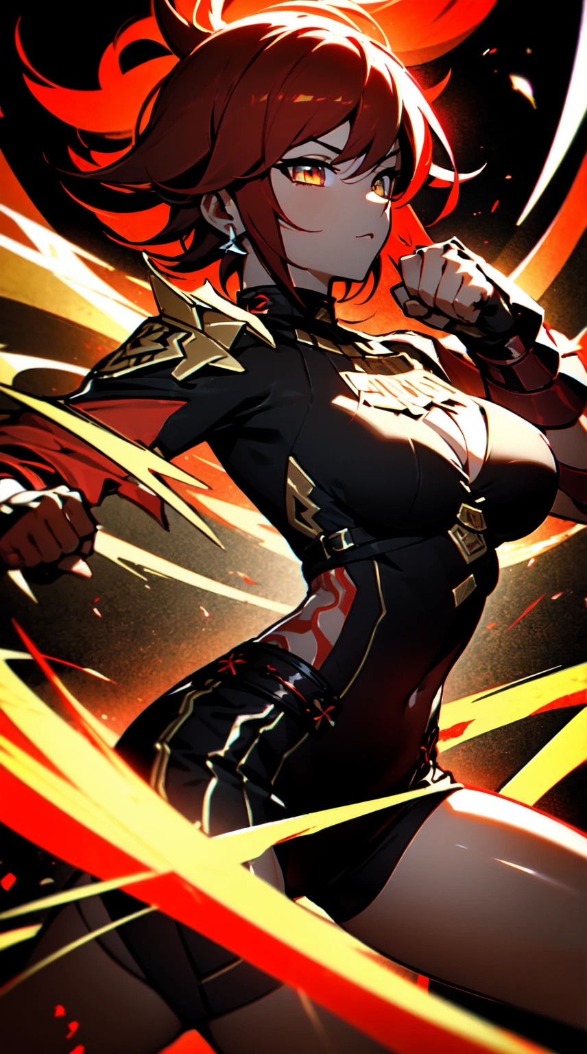 Ultra definition, masterpiece, best quality, 1Girl, Experienced fighter, crimson red short hair, yellow eyes, light brown skin, wearing jacket and light armor red and black metallic Like kuki shinobu outfit, combat stance, Black/red energy emanating from the fists , sharp ocular posture, waist line. The hair nees to be red!