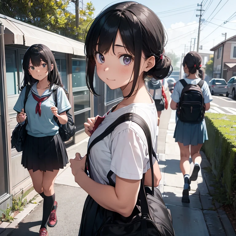 A 19 year old boy wearing college dress and school bag, going at college with his friends, chatting each other