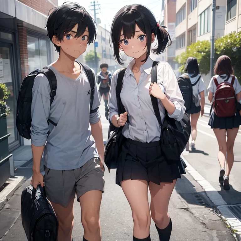 A 19 year old boy wearing college dress and school bag, going at college with his friends, chatting each other