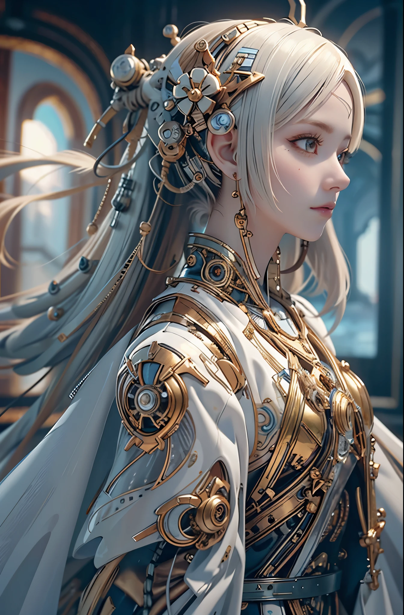 Translucent ethereal mechanical girl, Futuristic girl, Mechanical joint, Futuristic sci-fi background, model shoot style, Super detailed CG unified 8k wallpaper, The beauty of abstract style, Surreal, 8K, ultra - detailed, Best quality at best, Award-winning, Anatomically correct, 16k, ultra - detailed, sporty attire, The landscape, HighDynamicRange, Studio lighting, vibrant with colors, bokeh