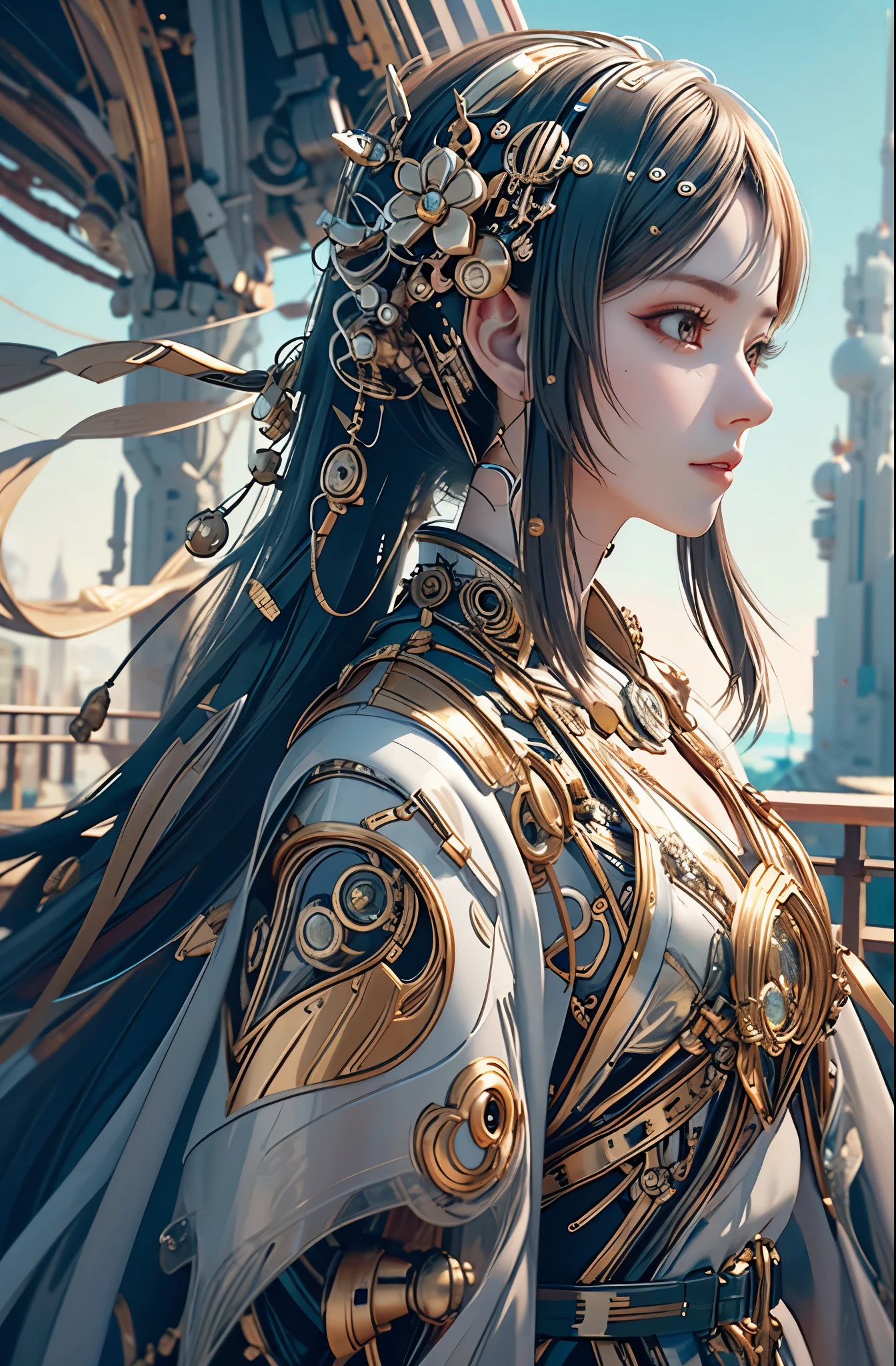 Translucent ethereal mechanical girl, Futuristic girl, Mechanical joint, Futuristic sci-fi background, model shoot style, Super detailed CG unified 8k wallpaper, The beauty of abstract style, Surreal, 8K, ultra - detailed, Best quality at best, Award-winning, Anatomically correct, 16k, ultra - detailed, sporty attire, The landscape, HighDynamicRange, Studio lighting, vibrant with colors, bokeh