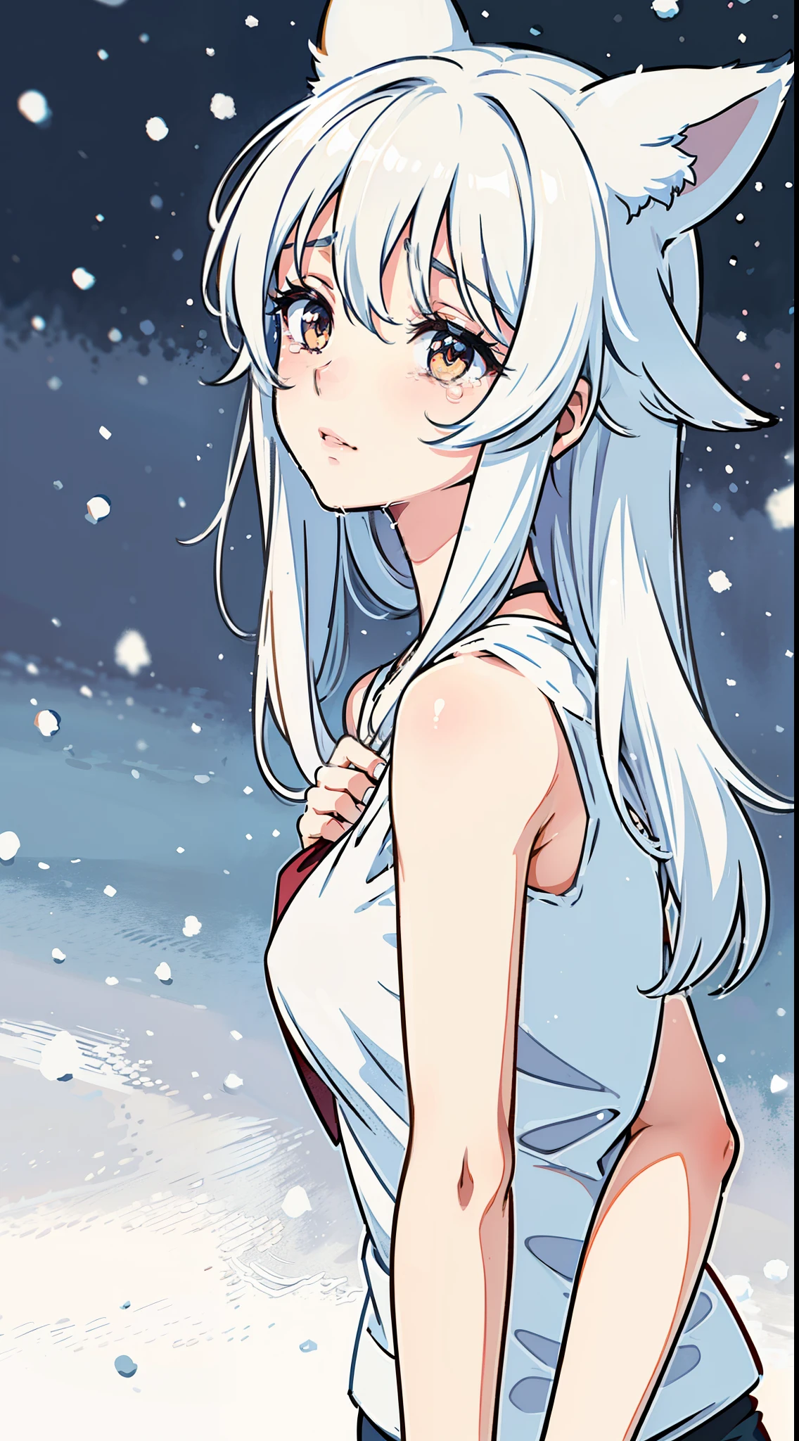 1girl,20s,solo,medium breasts,(white sleeveless t-shirt,clevage),silver hair,long hair,white eyes,fox ears,((in snow,snowing)),from side,(sad,crying),upper body close-up,hands on chest