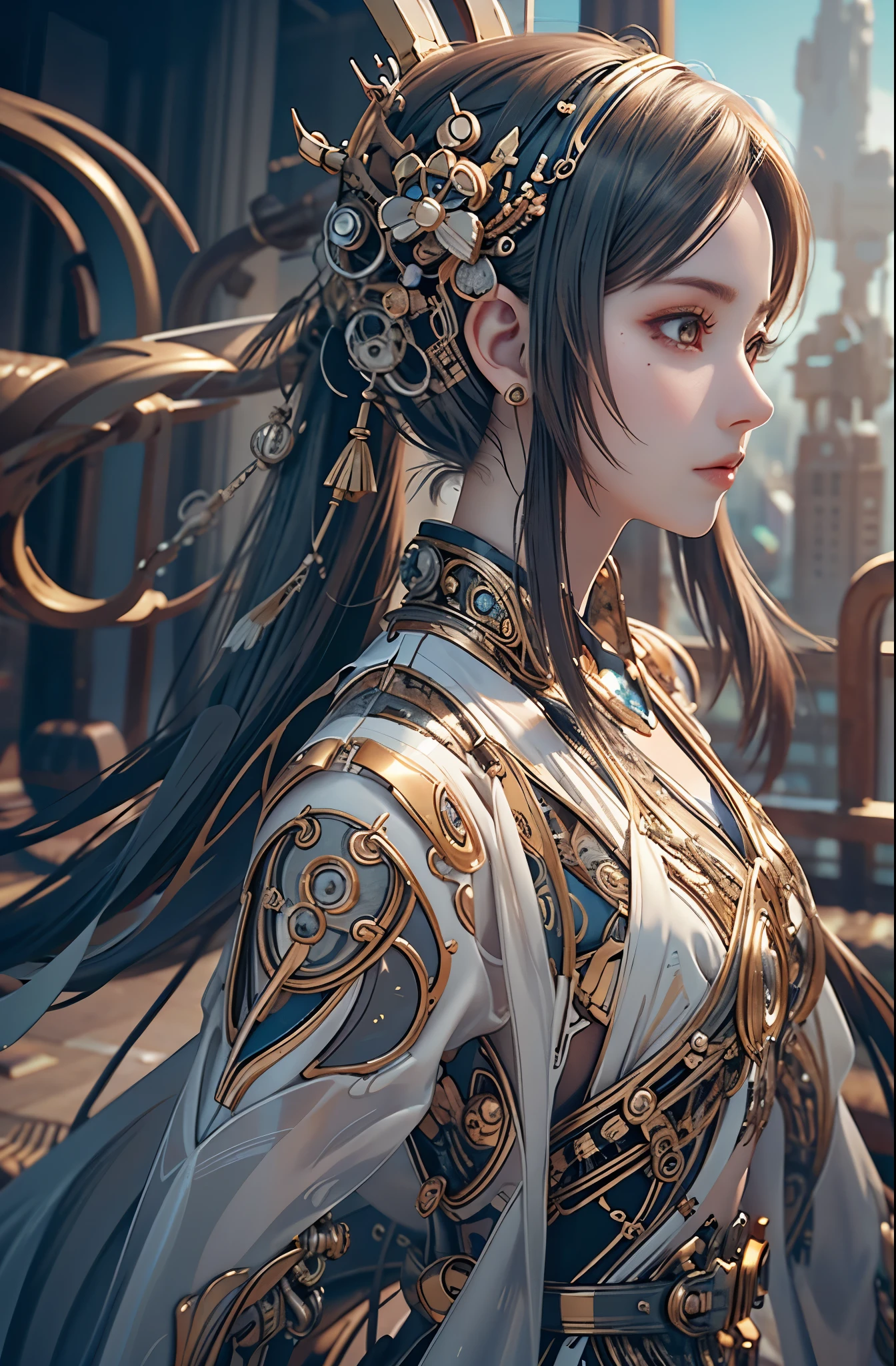 Translucent ethereal mechanical girl, Futuristic girl, Mechanical joint, Futuristic sci-fi background, model shoot style, Super detailed CG unified 8k wallpaper, The beauty of abstract style, Surreal, 8K, ultra - detailed, Best quality, Award-winning, Anatomically correct, 16k, ultra - detailed, sporty attire, The landscape, HighDynamicRange, Studio lighting, vivd colour, bokeh