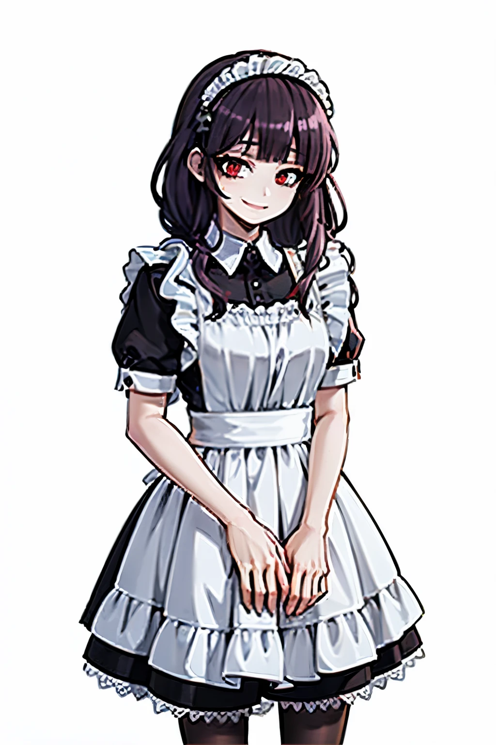 young woman, purple hair, medium hair cut, wearing black maid uniforn, red eyes, smiling, in a mansion, white wall behind, best quality, anime, 4k, masterpiece,