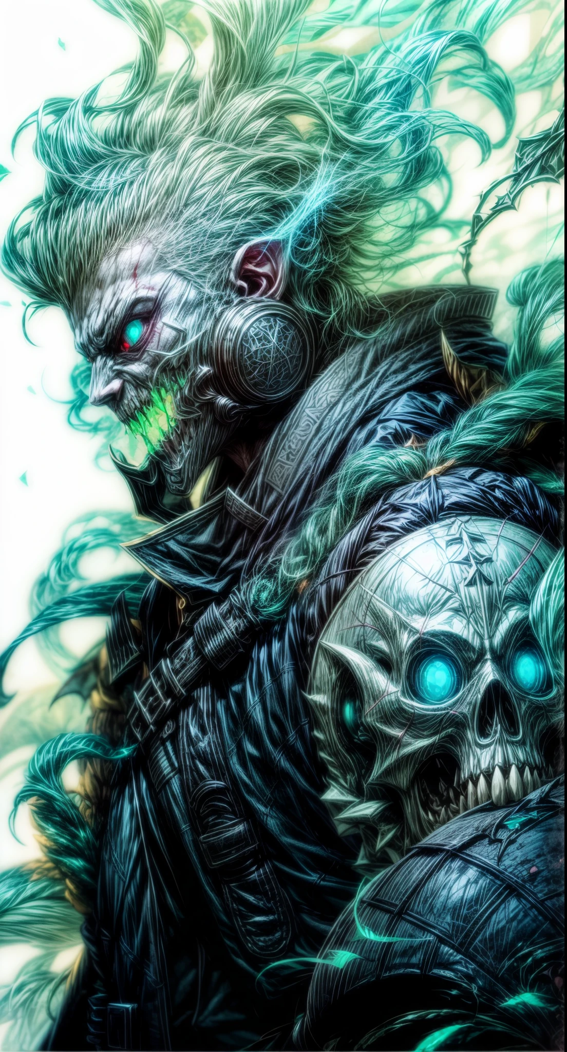 a demonic looking demonic looking demon with  and a bloody face, from overlord, with, evil smile and  , overlord!!!, fully red eyes, overlord, glowing red skull, overlord season 4,