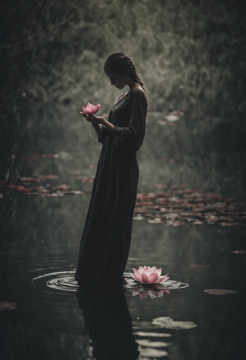 girl holding a lotus flower standing in the water, dark tonality, delicacy of touch, ethereal images, haunting