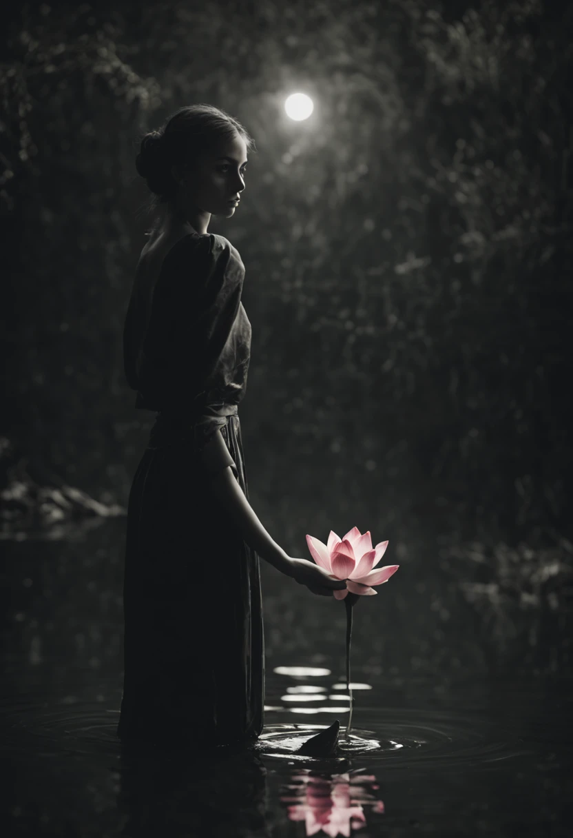 girl holding a lotus flower standing in the water, dark tonality, delicacy of touch, ethereal images, haunting