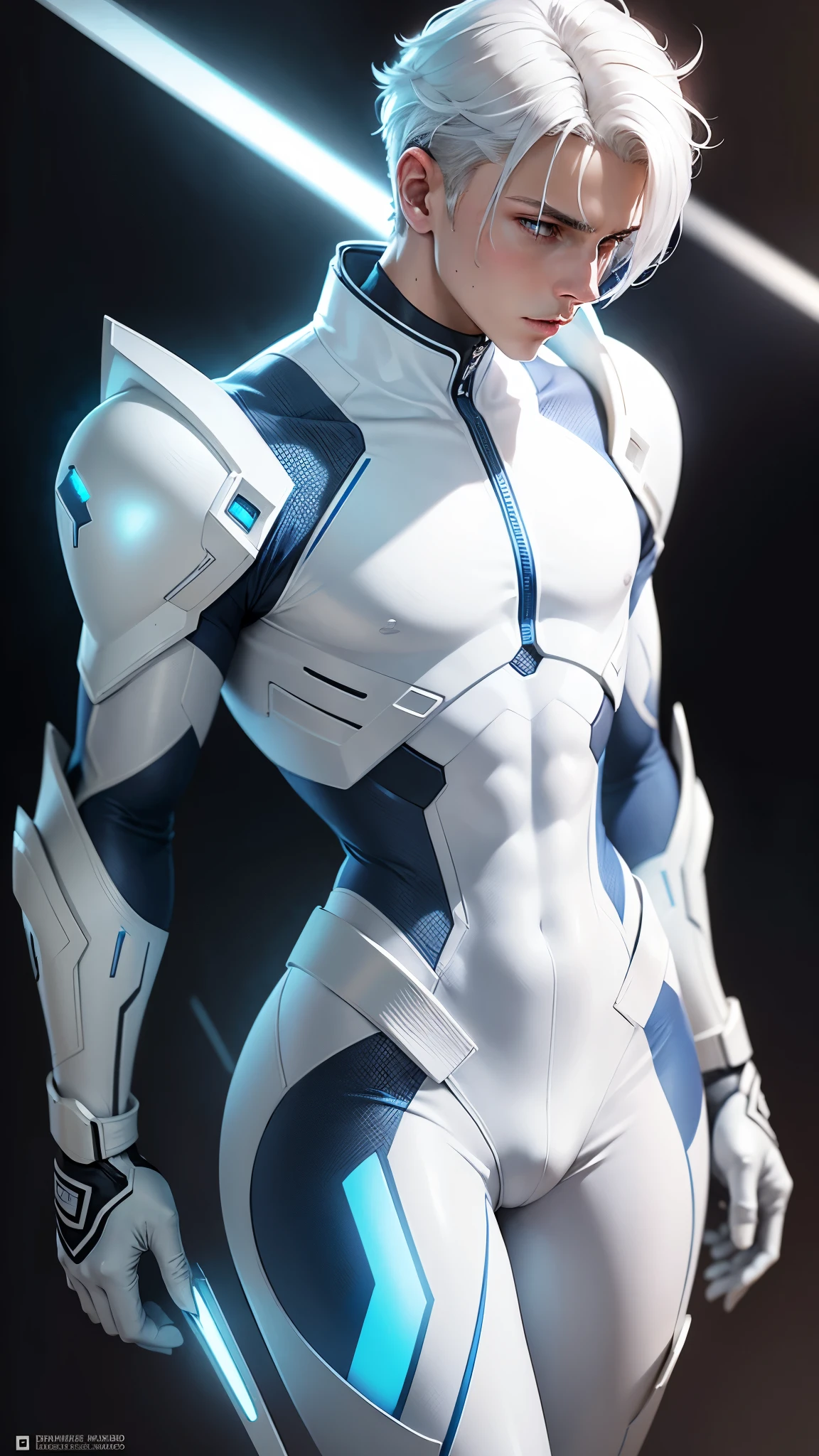 body suit, white and blue suit, futuristic suit, white gauntlets, white gloves, white hands, skin tight bodysuit, toned male, teenager, young male, bodysuit, futuristic, sci fi, hands seen, hair visible, solo male, full body seen, white hair, slim body, small thighs, beautiful face