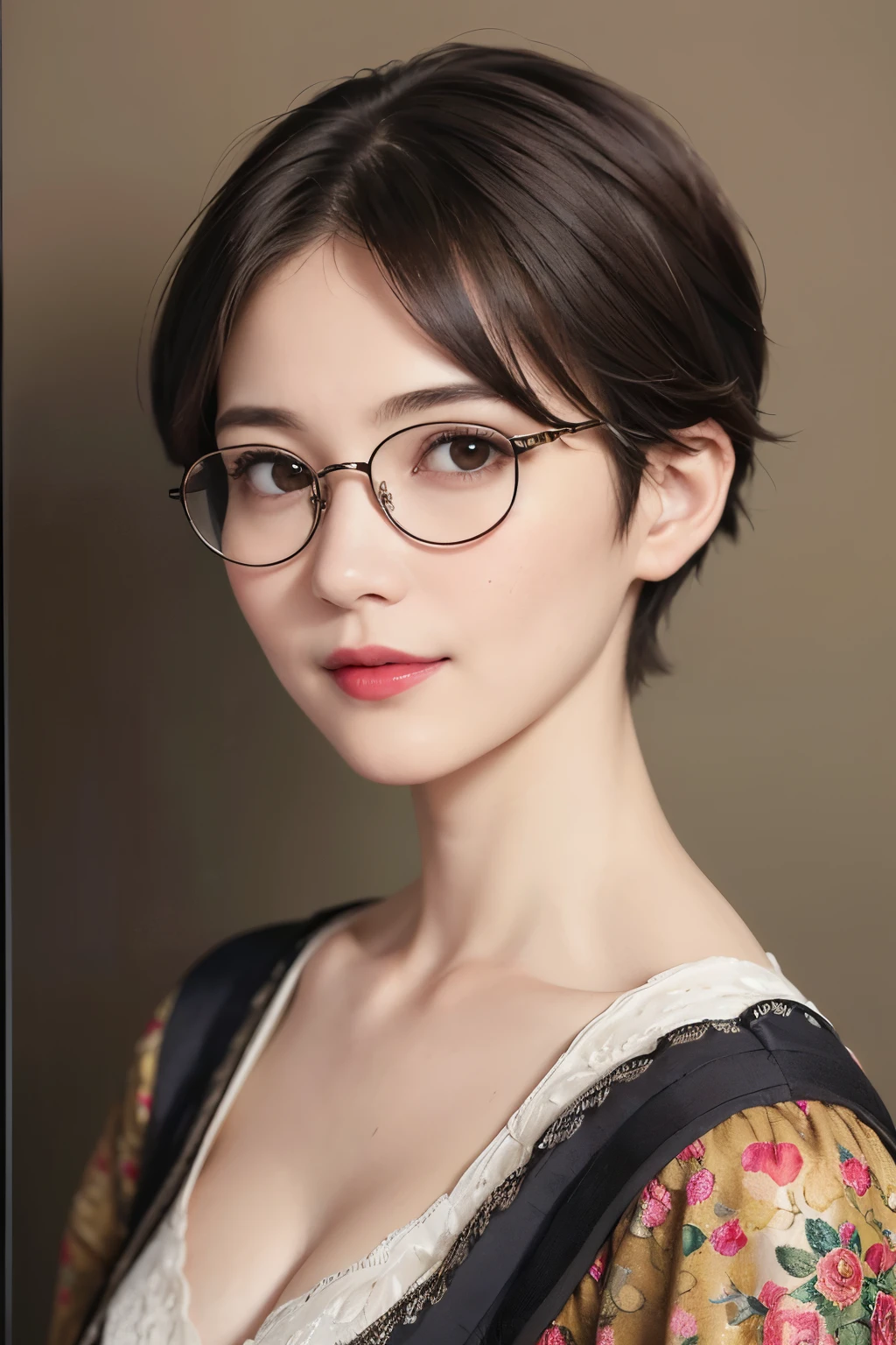 138
(a 20 yo woman,Draw a self-portrait), (A hyper-realistic), (high-level image quality), ((beautiful hairstyle 46)), ((short-hair:1.46)), (Gentle smile), (breasted:1.46), (lipsticks), (wears glasses,wide,a room), (florals), (an oil painting、Rembrandt)