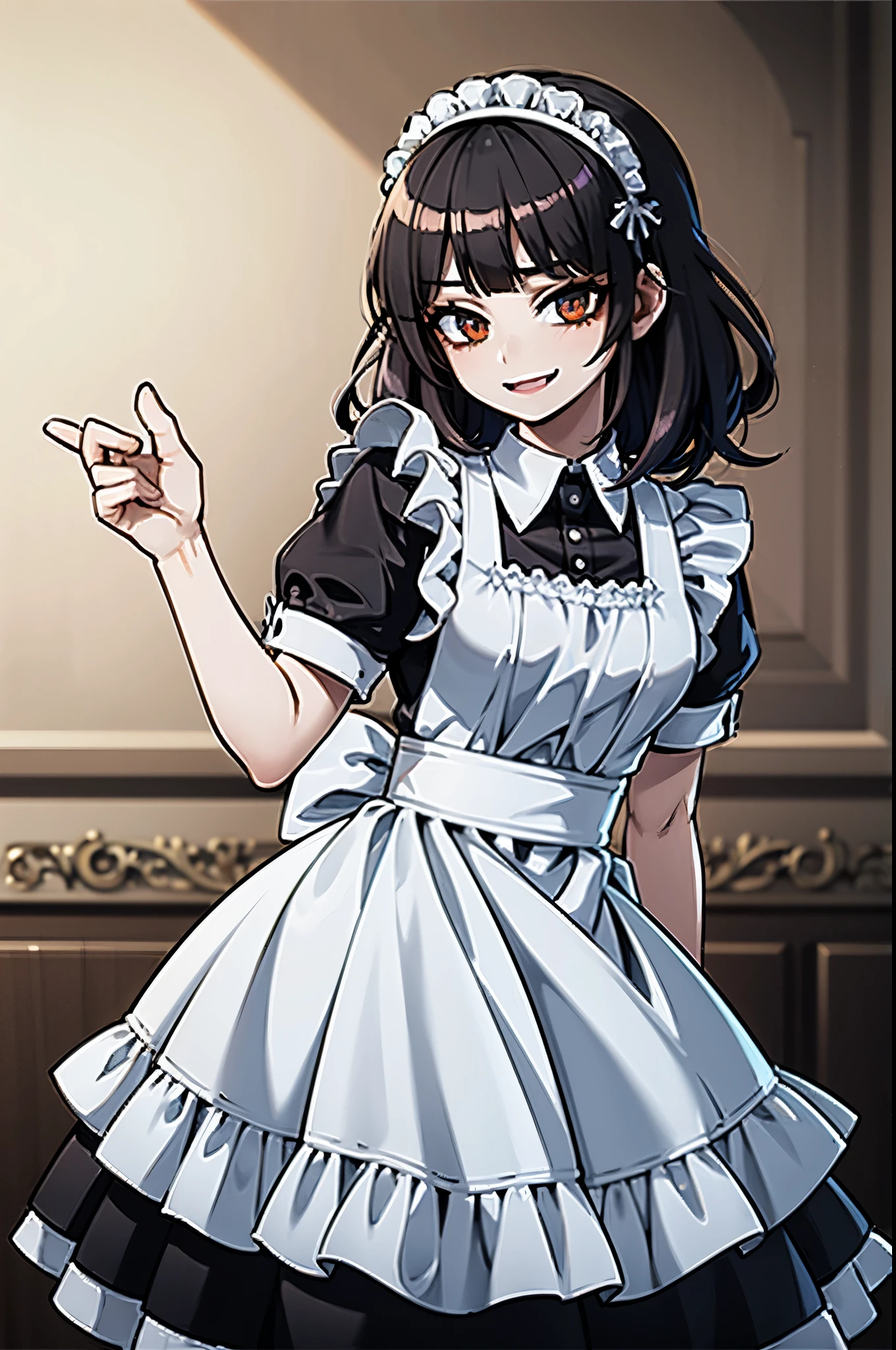 young woman, cabelo roxo, average haircut, wearing black maid uniform, olhos vermelhos, sorridente, In a mansion, White wall behind, best quality, anime, 4k, master part,