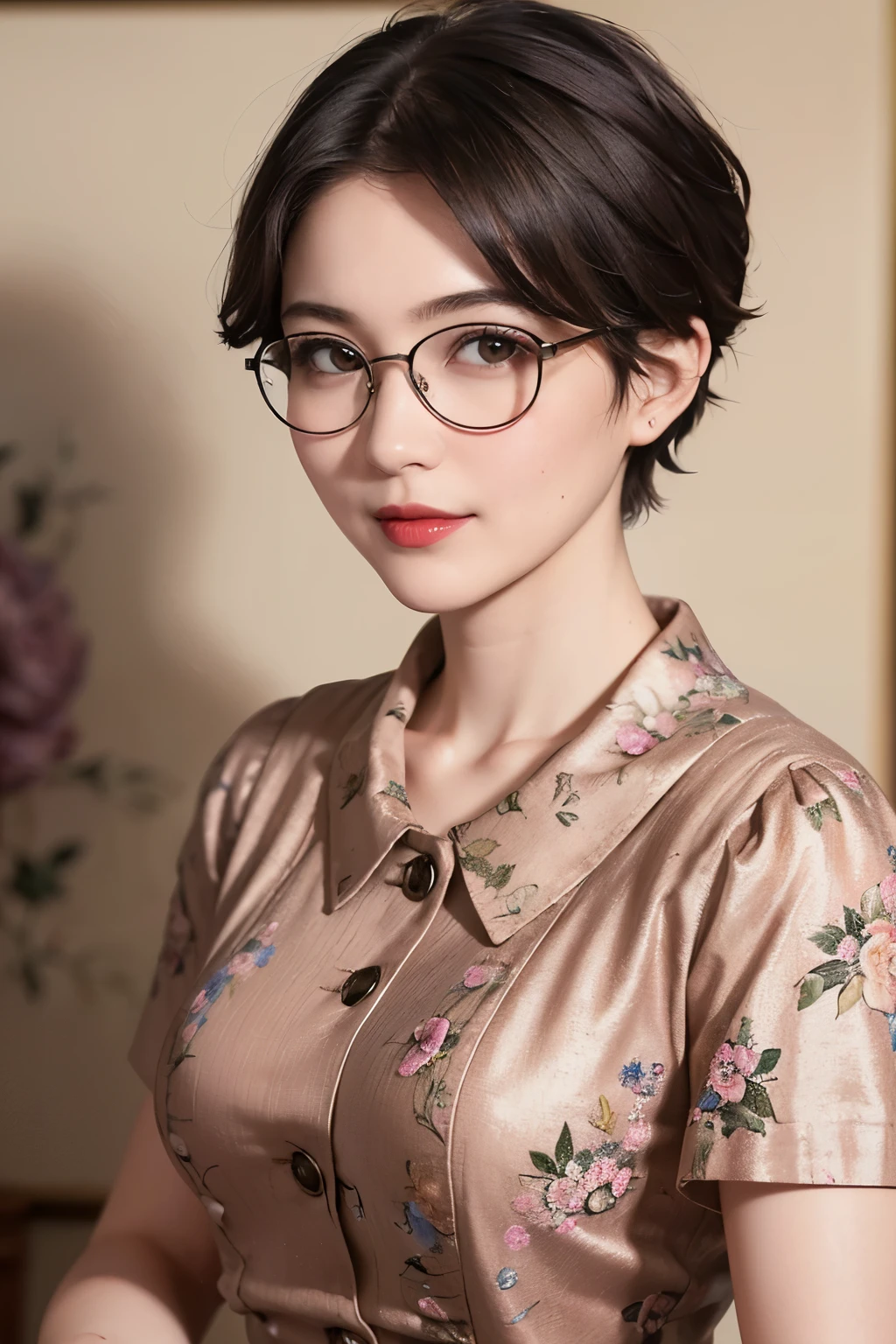 138
(a 20 yo woman,draw a self-portrait), (A hyper-realistic), (high-level image quality), ((beautiful hairstyle 46)), ((short-hair:1.46)), (Gentle smile), (breasted:1.46), (lipsticks), (wears glasses,wide,a room), (florals), (an oil painting、Rembrandt)