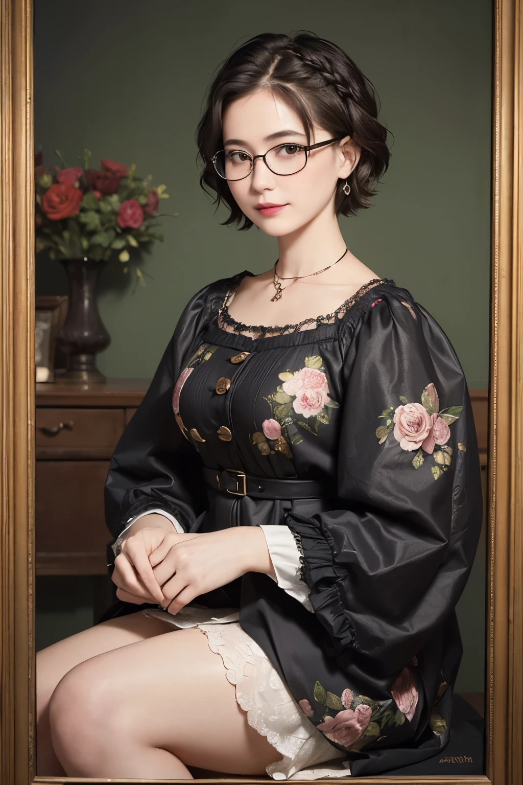 138
(a 20 yo woman,Draw a self-portrait), (A hyper-realistic), (high-level image quality), ((beautiful hairstyle 46)), ((short-hair:1.46)), (Gentle smile), (breasted:1.46), (lipsticks), (wears glasses,wide,a room), (florals), (an oil painting、Rembrandt)