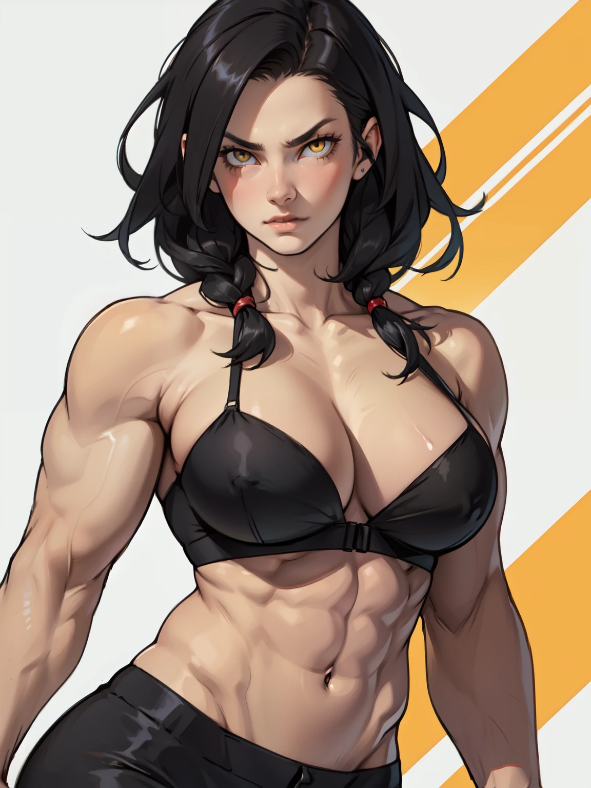 long abs muscular girl large breasts pale skin black hair yellow eyes serious cleavage