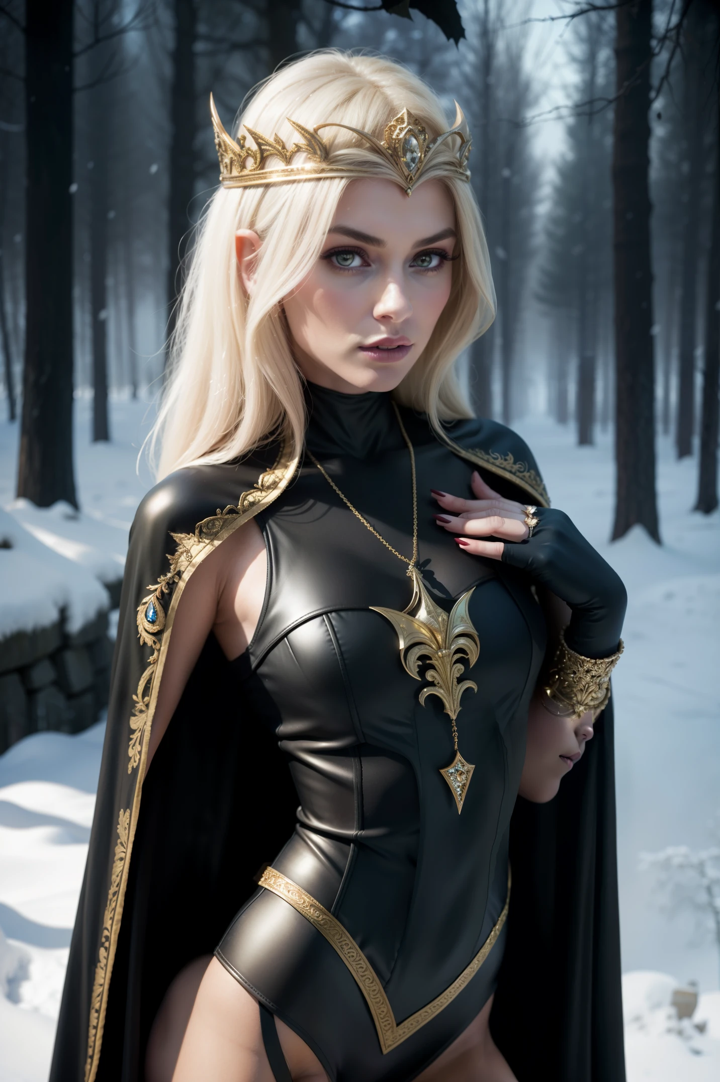 a gorgeous woman, 23 years old, she is a men magazine model, flirts with camera, in a bodysuit with a cape on, queeen, princess, alluring princess knight, beautiful with ornate robes, dark princess, fantasy woman, realistic fantasy artwork, very beautiful elven top model, hyperrealistic fantasy art, beautiful succubus, beautiful and elegant queen, winter time, fog, snow