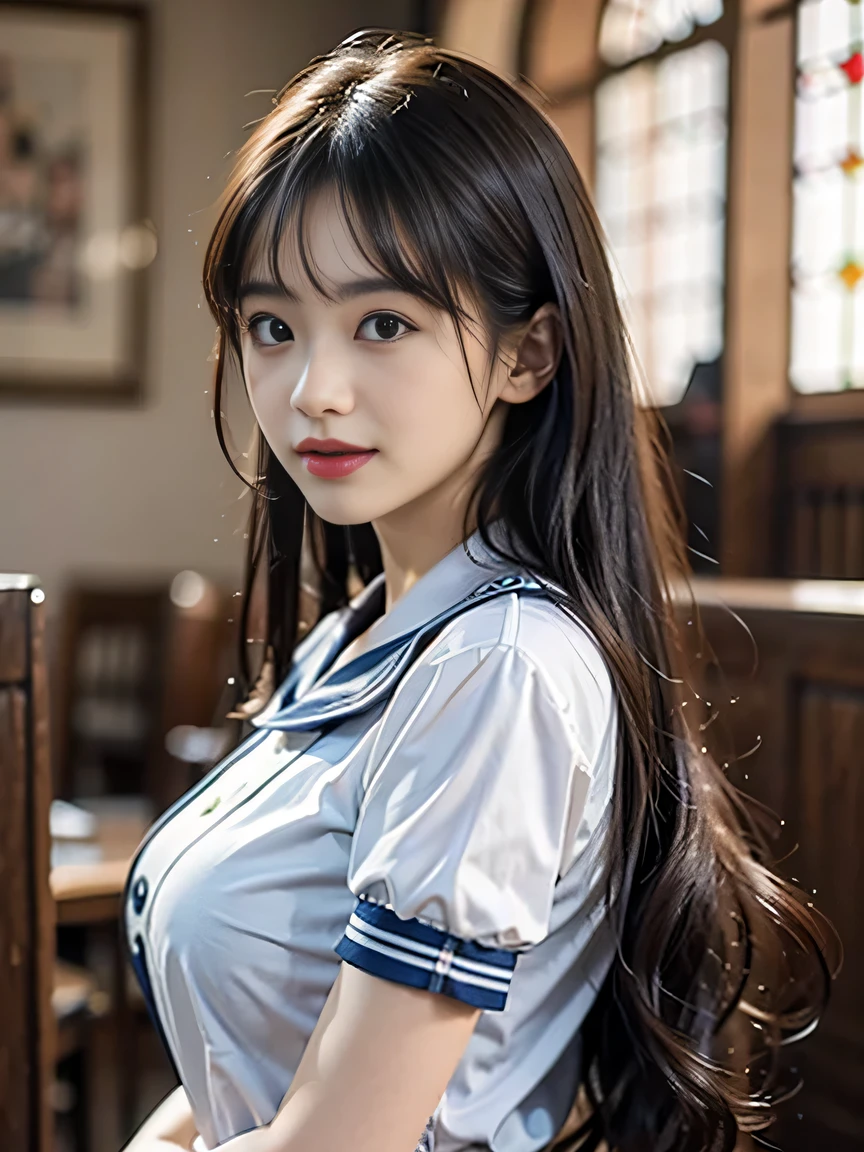 (((Draw only one woman: 2))), Beautiful 18 year old Japan woman, (A high school girl wearing a sailor uniform with short sleeves and a ribbon: 1.5), (Japan strict girls' school sailor uniform), ((Body-fitting sailor suit:1.5)), ((Big breasts in uniform&#39;It&#39;s going to explode:1.5)), ( High school girl sitting in the church pew: 1.2), (Beautiful and elaborate stained glass on the background: 1.5), ((1screen)), in 8K, RAW shot, top quality photo, masutepiece, Amazing realism photos, (lighting like a movie:1.5), ((Anatomically correct proportions: 1.5)), ((perfectly proportions)), (Cute woman like an idol in Japan:1.5), Detailed face, Detailed eyes, Narrow Nose, Detailed skin, (Beautiful long hair: 1.5), (Transparent bangs:1.5), {{facial close-up:1.5}}, (ssmile:1.2), (Angle from the side)