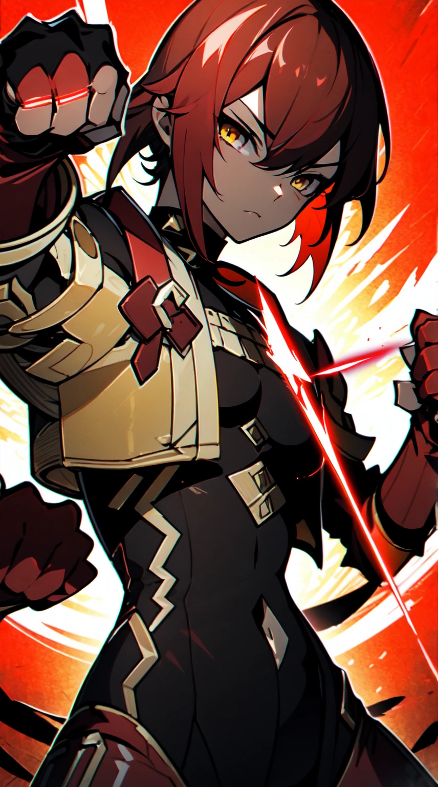 Ultra definition, masterpiece, best quality, 1Girl, Experienced fighter, crimson red short hair, yellow eyes, light brown skin, wearing jacket and light armor red and black metallic Like kuki shinobu outfit, combat stance, Black/red energy emanating from the fists , sharp ocular posture, waist line. The hair nees to be red!