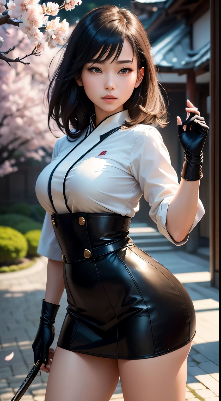 (best quality,4k,8k,highres,masterpiece:1.2),ultra-detailed,(realistic,photorealistic,photo-realistic:1.37),black leather gloves,detailed katana,Japanese school uniform,black leather long boots,beautiful detailed eyes,beautiful detailed lips,white short hair,Japanese girl,confident expression,standing in a serene garden,vibrant greenery,sunlight filtering through the trees,blooming cherry blossoms,detailed folds of the school uniform,sleek and shiny black leather gloves,golden accents on the katana,white contrasting against the dark uniform,katana held with a firm grip,cherry blossom petals floating in the air as she strikes a powerful pose,subtle wind blowing her hair,creating a sense of motion and dynamism,traditional Japanese aesthetics with a modern twist,soft pastel color palette,adding a touch of elegance and femininity,subtle lighting to highlight the details,creating a sense of depth and realism。
