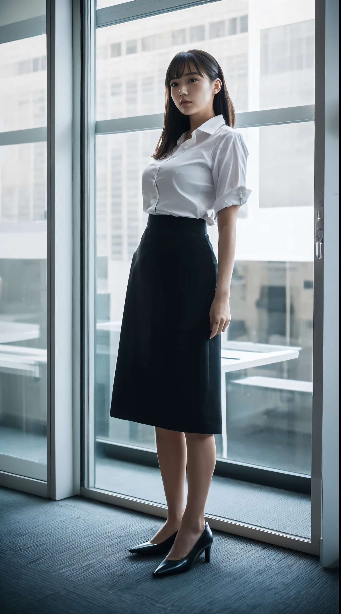 (masutepiece,High quality:1.3),(depth of fields:1.3) ,((front body:1.35)), Japanese ,woman,Chignon, (Women's business black suits black midi skirt ,White collared shirt:1.2),Huge breasts,(Looking at Viewer:1.3),(full body:1.2), Inside the office by the window