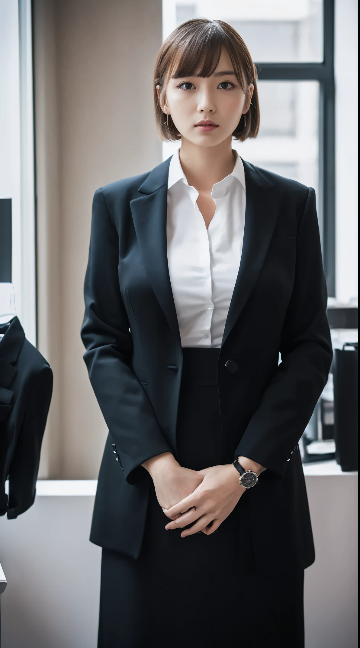 (masutepiece,High quality:1.3),(depth of fields:1.3) ,((front body:1.35)), Japanese ,woman,Chignon, (Women's business black suits black midi skirt ,White collared shirt:1.2),Huge breasts,(Looking at Viewer:1.3),(full body:1.2), Inside the office by the window