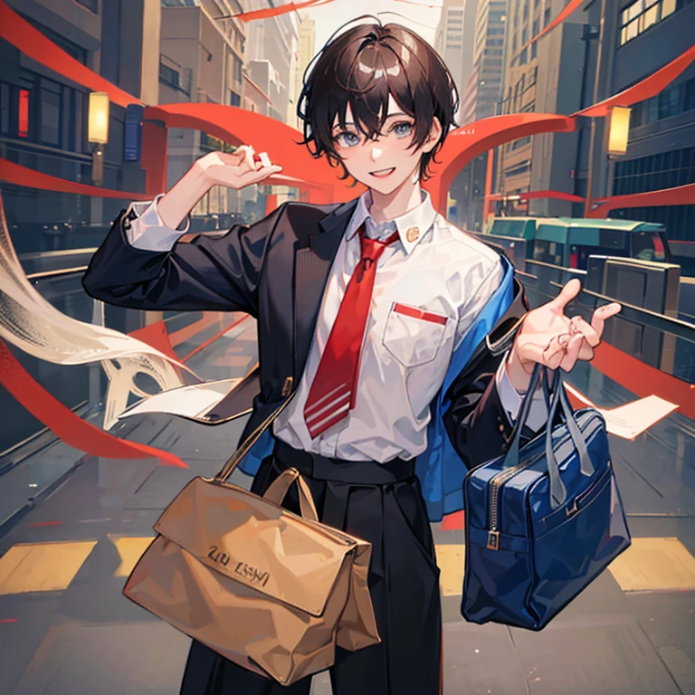 A 19 year old boy wearing college dress with bag, smiling face, going at college