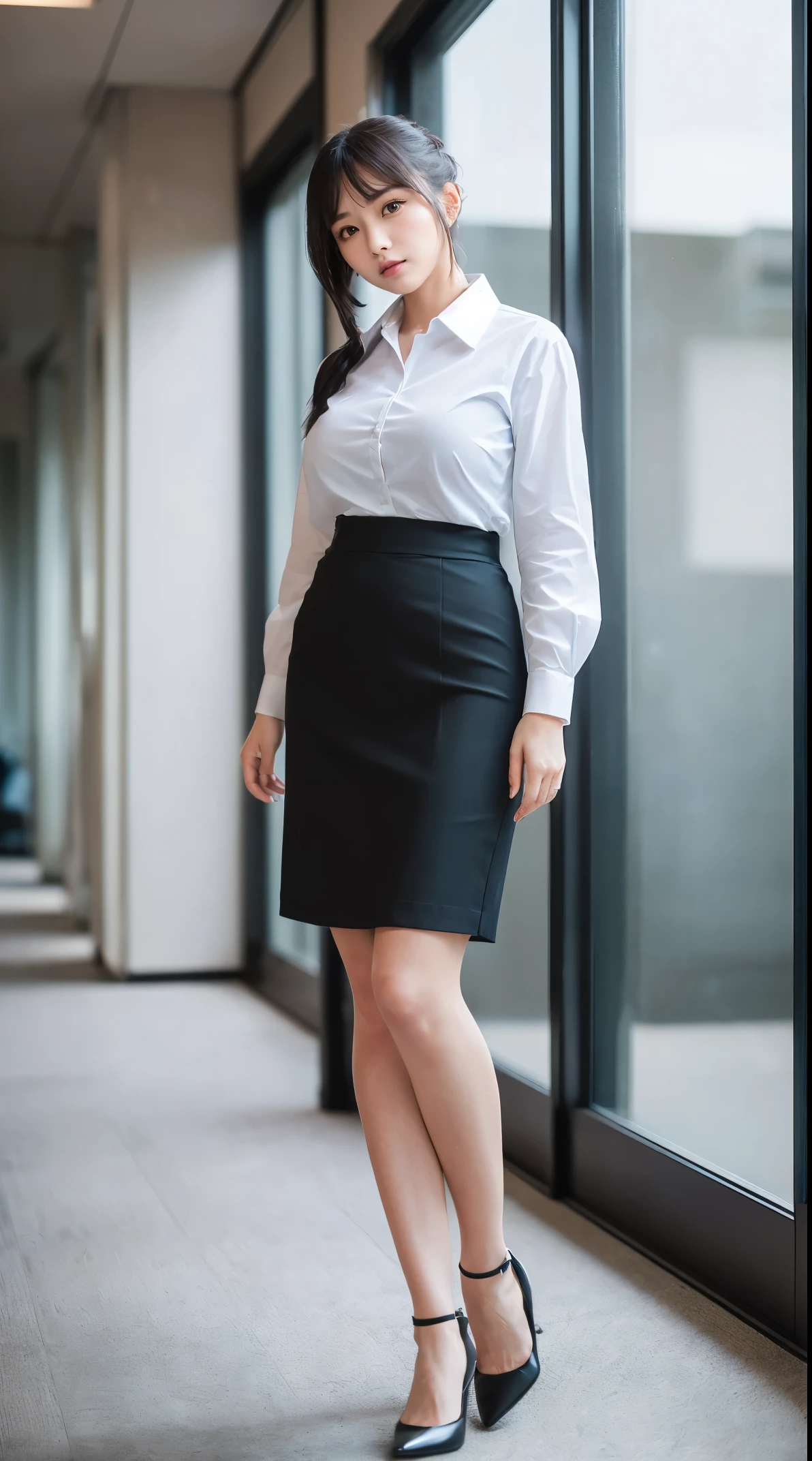 (masutepiece,High quality:1.3),(depth of fields:1.3) ,((front body:1.35)), Japanese ,woman,Chignon, (Women's business black suits black midi skirt ,White collared shirt:1.2),Huge breasts,(Looking at Viewer:1.3),(full body:1.2), Inside the office by the window
