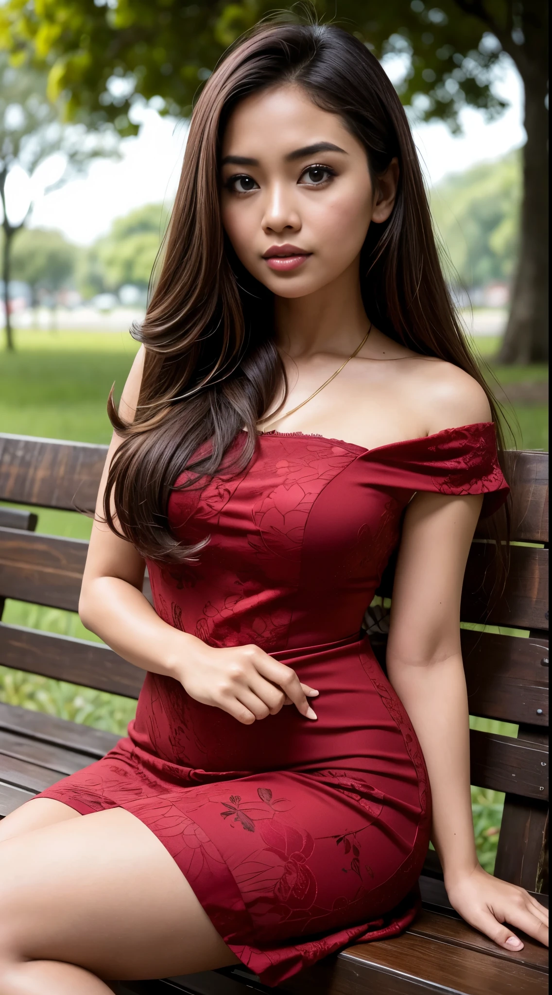 RAW, Best quality, high resolution, masterpiece: 1.3), beautiful Malay woman, Masterpiece, perfect fit body, big breasts, beautiful big eyes, long hair, brown hair, open stand, Soft smile, thick thighs, woman sitting in the park in a dark red floral patterned dress, she is about 2 0 years old, she is about 20 years old, pale skin Malay girl, smooth pink skin, beautiful woman, wearing a dark red dress, beautiful Malay woman, she is about 2 , she about 30 years old, he is about 3 0 years old