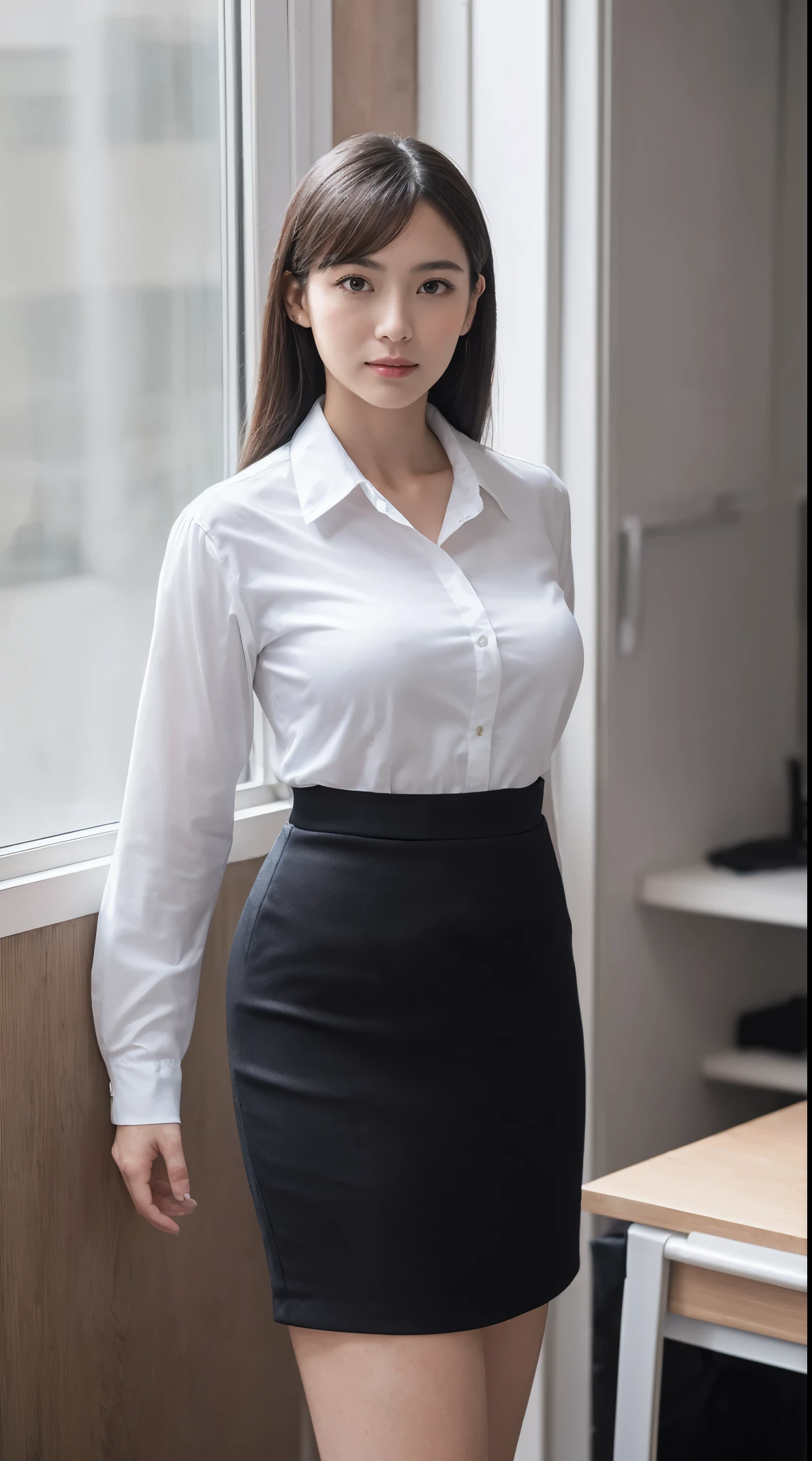 (masutepiece,High quality:1.3),(depth of fields:1.3) ,((front body:1.35)), Japanese ,woman,Chignon, (Women's business black suits black midi skirt ,White collared shirt:1.2),Huge breasts,(Looking at Viewer:1.3),(full body:1.2), Inside the office by the window
