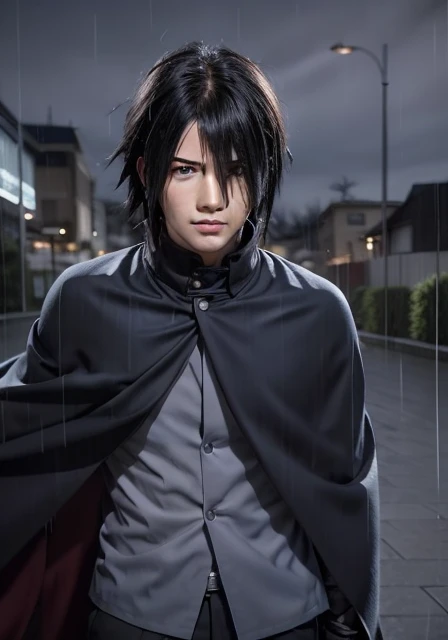 Sasuke uchiha in the rain with a cape, posing for a photo, dynamic pose, realistic, looking at the viewer, masterpiece, highly detailed, 8K, stunning, hdr, subsurface scattering, global lighting, cinematic lighting, sunlight, realism, hyper-realistic, best quality, high resolution, SSAO, Bokeh, Cinematic, Depth of Field, DOF, Vignette, Anti-Aliasing art by sakimichan.