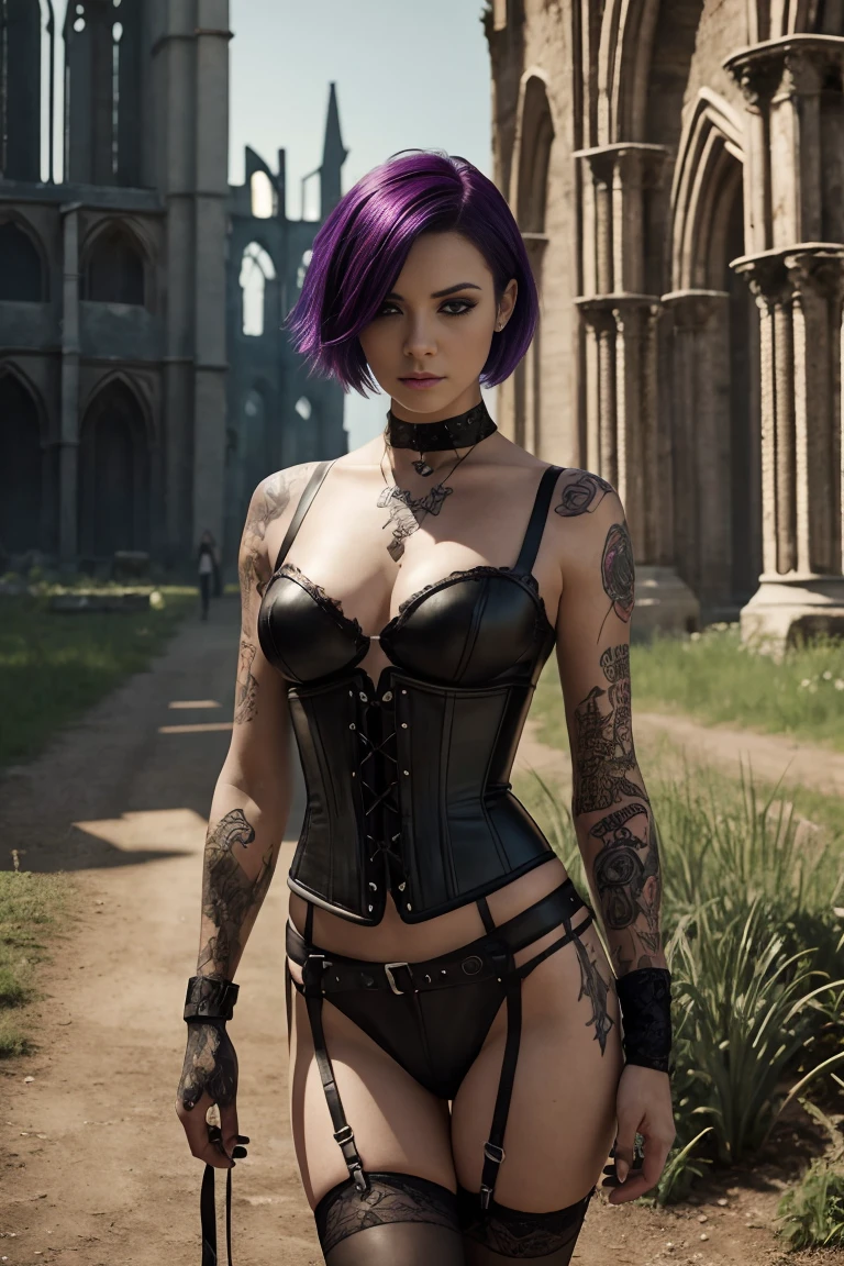 Malicious gothic girl, purple hair, short hair sides shaved:1.ose, in red leather corset:1.2, (in the garden of a ruined gothic cathedral:1.2), tattooed, pierced, black makeup ,((slim, petite)), photorealistic, photo, masterpiece, realistic, realism, photorealism, high contrast, photorealistic digital art trending on Artstation 8k HD high definition detailed realistic, detailed, skin texture, hyper detailed, realistic skin texture, best quality, ultra high res, (photorealistic:1.4),, high resolution, detailed, raw photo, sharp re, by lee jeffries nikon d850 film stock photograph 4 kodak portra 400 camera f1.6 lens rich colors hyper realistic lifelike texture dramatic lighting unrealengine trending on artstation cinestill 800,