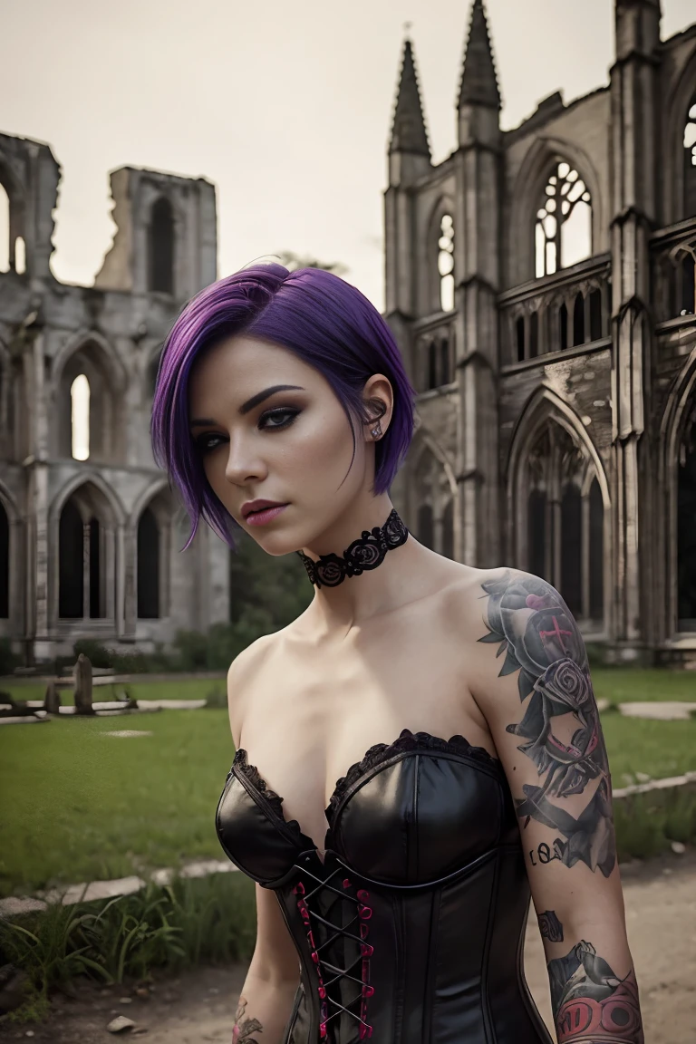 Malicious gothic girl, purple hair, short hair sides shaved:1.ose, in red leather corset:1.2, (in the garden of a ruined gothic cathedral:1.2), tattooed, pierced, black makeup ,((slim, petite)), photorealistic, photo, masterpiece, realistic, realism, photorealism, high contrast, photorealistic digital art trending on Artstation 8k HD high definition detailed realistic, detailed, skin texture, hyper detailed, realistic skin texture, best quality, ultra high res, (photorealistic:1.4),, high resolution, detailed, raw photo, sharp re, by lee jeffries nikon d850 film stock photograph 4 kodak portra 400 camera f1.6 lens rich colors hyper realistic lifelike texture dramatic lighting unrealengine trending on artstation cinestill 800,