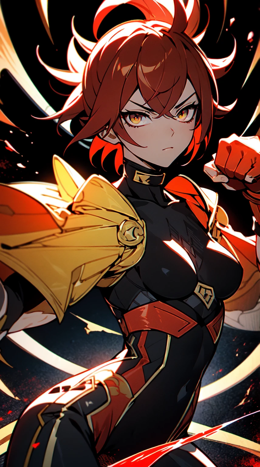 Ultra definition, masterpiece, best quality, 1Girl, Experienced fighter, crimson red short hair, yellow eyes, light brown skin, wearing jacket and light armor red and black metallic Like kuki shinobu outfit, combat stance, Black/red energy emanating from the fists , sharp ocular posture, waist line. The hair nees to be red!