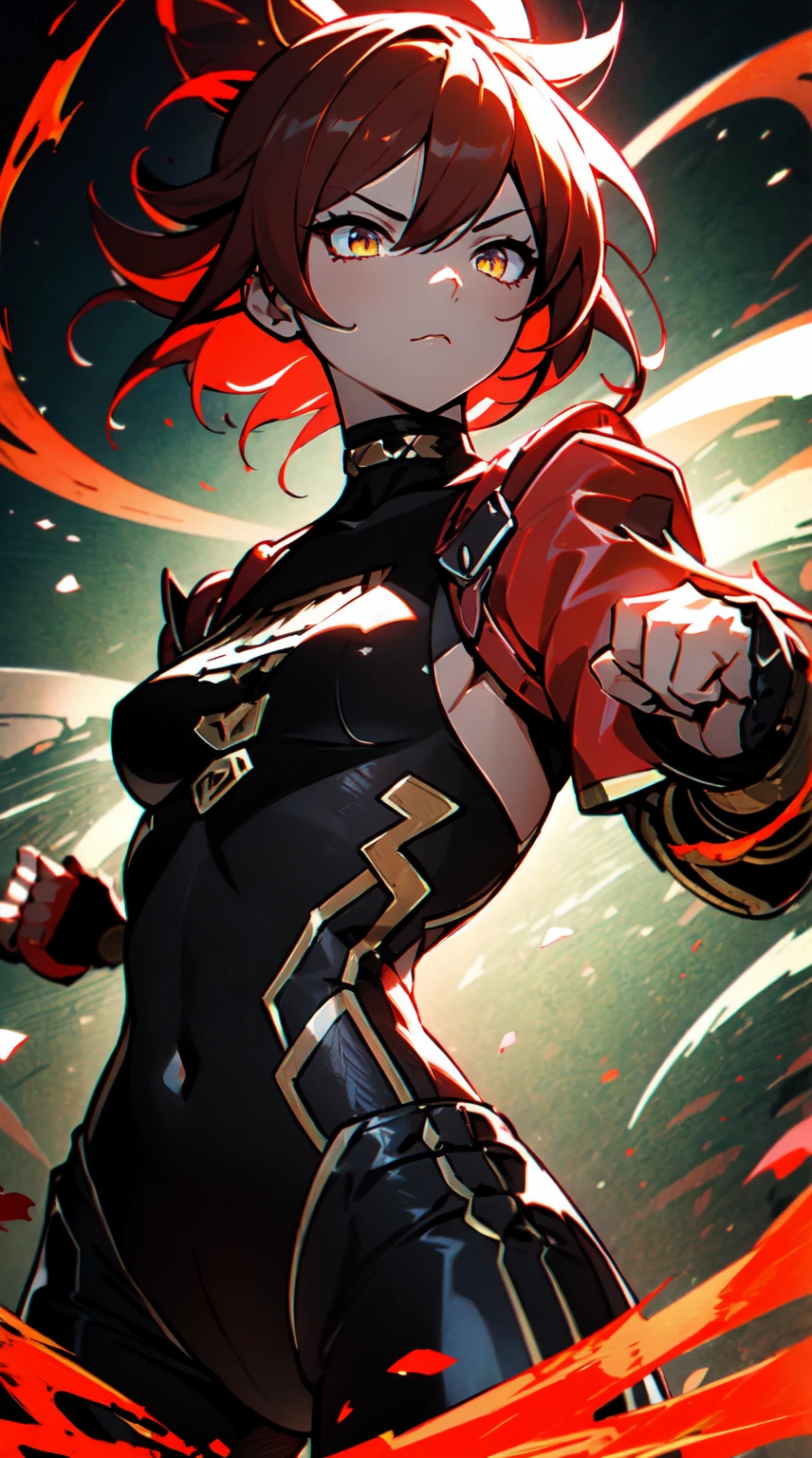 Ultra definition, masterpiece, best quality, 1Girl, Experienced fighter, crimson red short hair, yellow eyes, light brown skin, wearing jacket and light armor red and black metallic Like kuki shinobu outfit, combat stance, Black/red energy emanating from the fists , sharp ocular posture, waist line. The hair nees to be red!