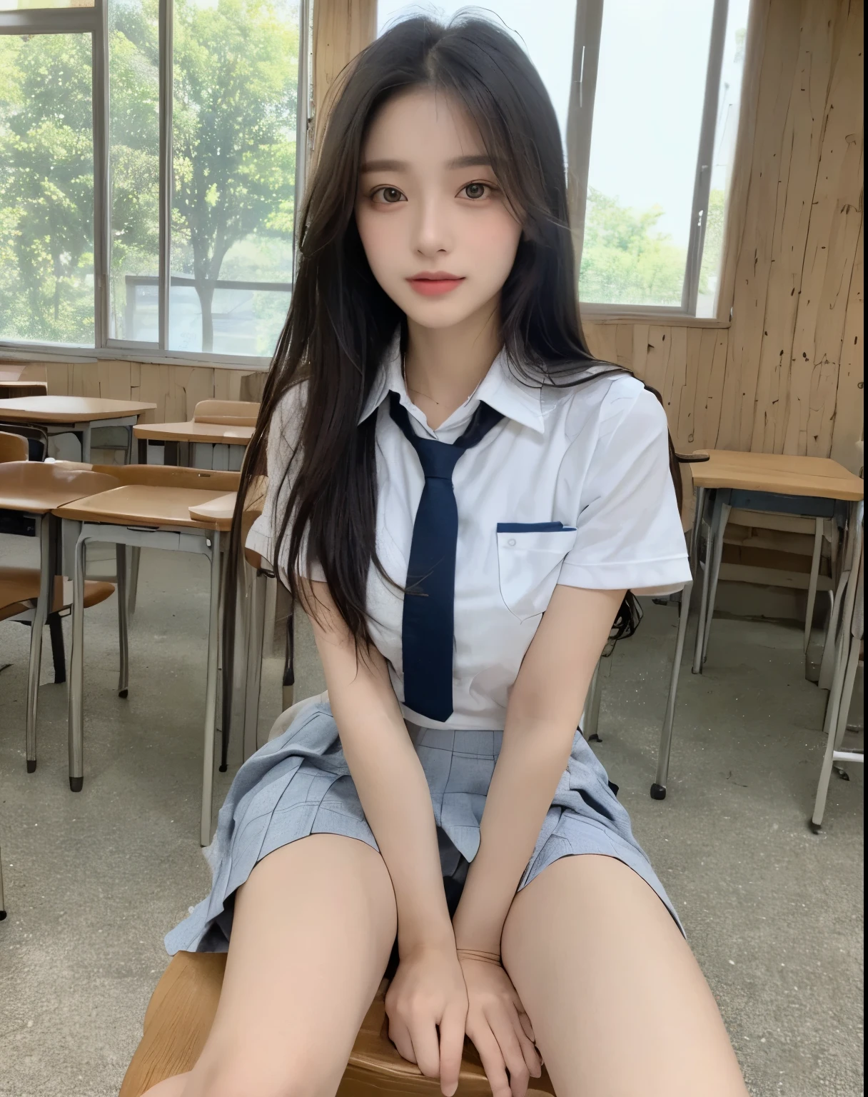 (((Best Quality, 8K, Masterpiece: 1.3,)), high-definition facial features, delicate facial feature, 1girl, Slim Abs Beauty: 1.3, ((long hair, natural hair)), ((((wearing school uniform)))), Fine Face, (((Delicate Eyes))), Double Eyelids, Smile, looking at the viewer, ((full body 1.5)), (((background : school))), ((((natural background)))), (sitting on the chair), chair, window, bare legs