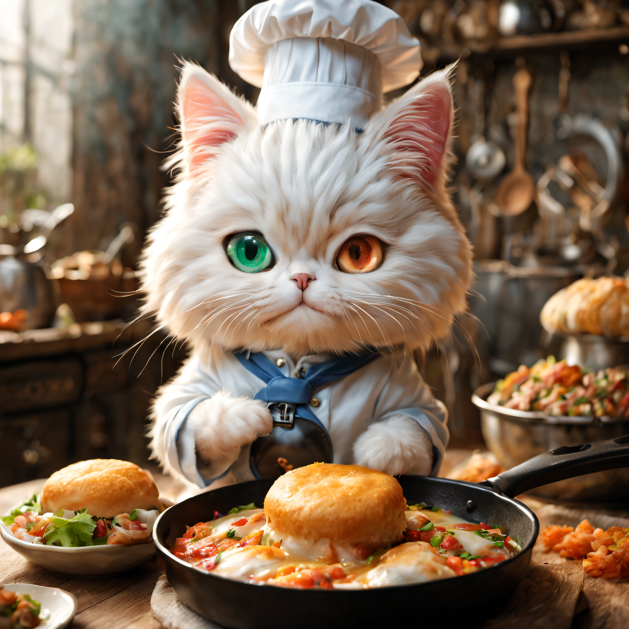 (minuet、In the middle of the meal、Holding a frying pan、Chefs fascinate、Chef's Hat,odd eye),,cute little,​masterpiece,top-quality,Fluffy cat,,A delightful,tre anatomically correct,,Fantasia,Cats,minuet,odd eye
