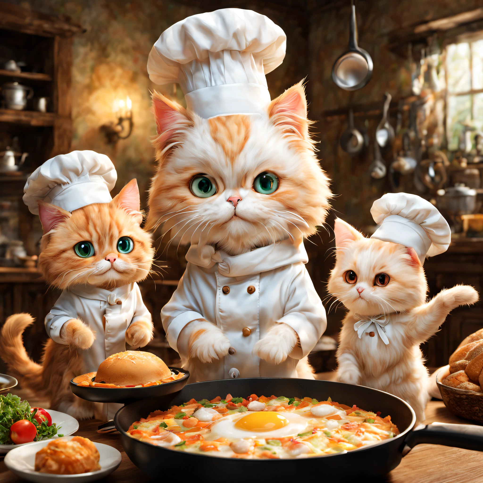 (minuet、In the middle of the meal、Holding a frying pan、Chefs fascinate、Chef's Hat,odd eye),,cute little,masterpiece,top-quality,Fluffy cat,,A delightful,tre anatomically correct,,Fantasia,Cats,minuet,odd eye